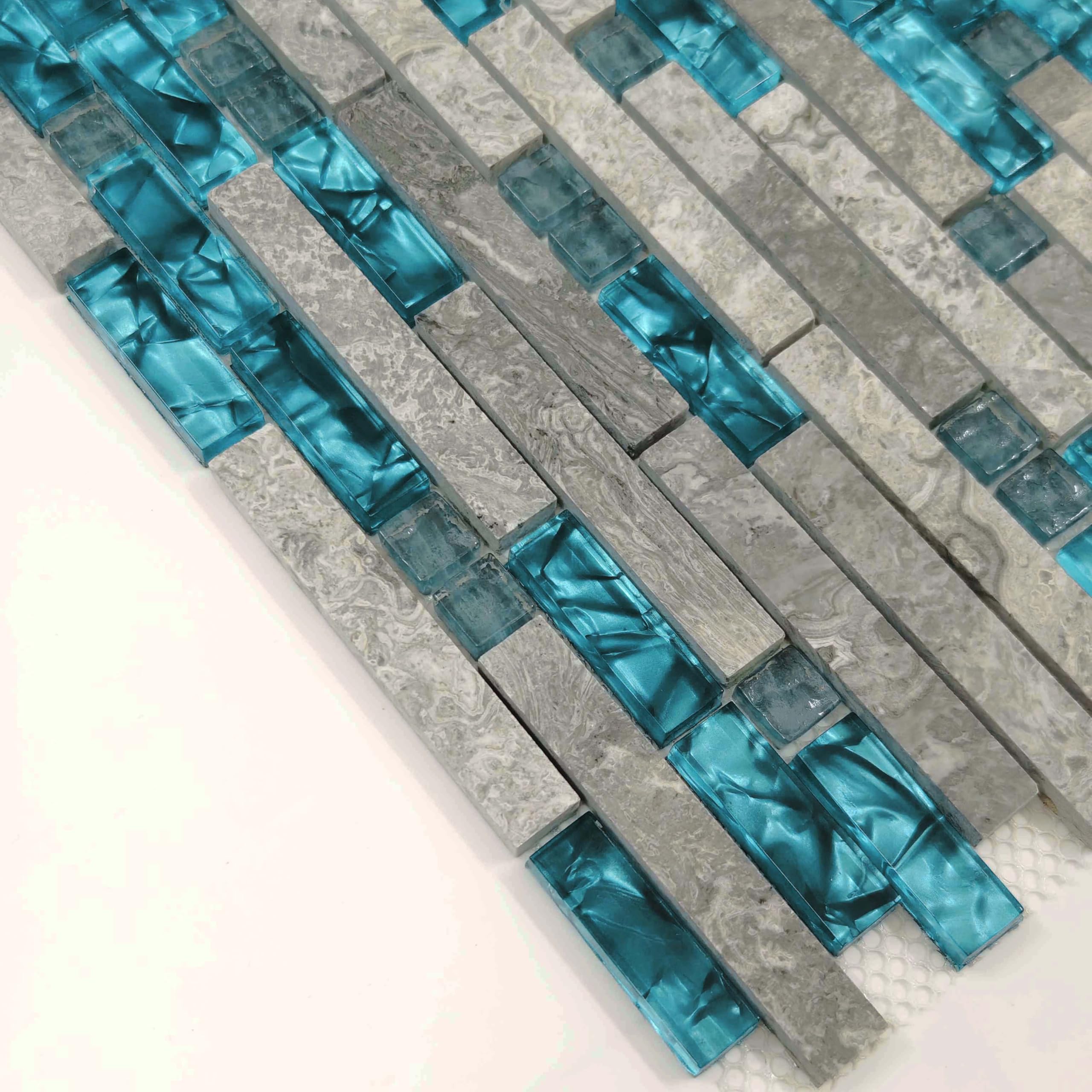 Teal Blue Crystal Glass and Gray Polished Marble Linear Mosaic Tile - 11 Sq Ft Interlocking Bathroom Wall Tiles, Kitchen Backsplash, Fireplace Decor for Modern Home Renovation