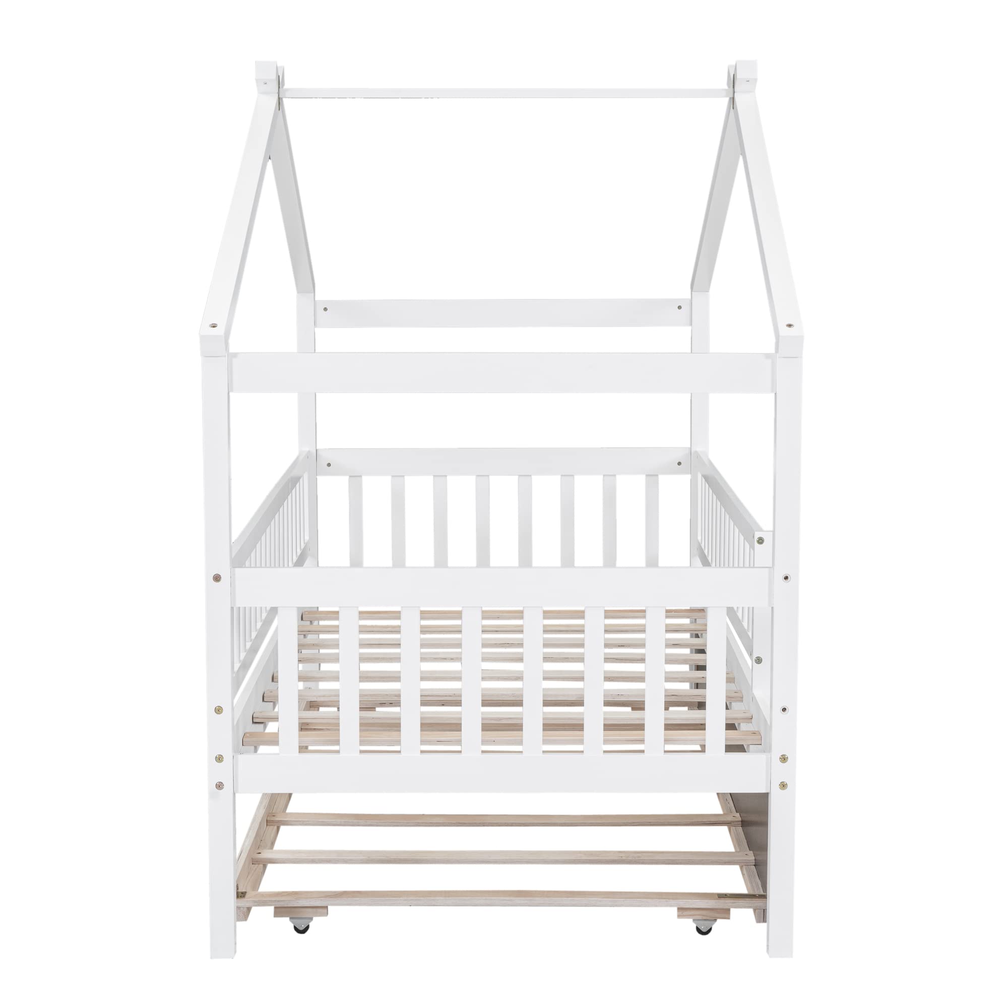Harper & Bright Designs Twin Size Wooden House Bed with Trundle - Kids Bed Frame with Roof & Fence Design for Boys & Girls - Perfect for Bedrooms, Playrooms & Sleepovers (White)