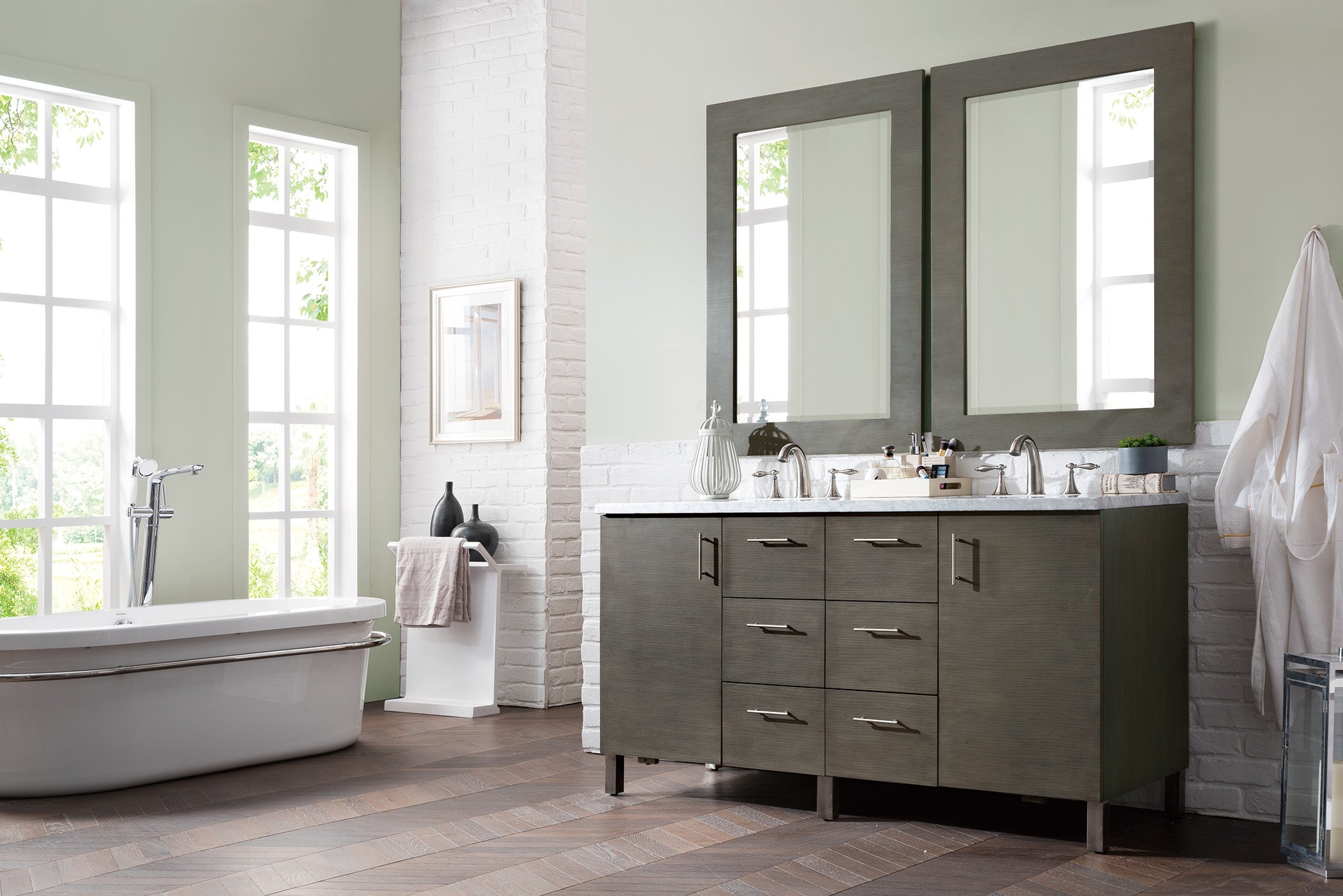 Metropolitan 60-Inch Silver Oak Double Bathroom Vanity with 3CM Carrara Marble Top - Luxurious Modern Bathroom Furniture for Master Suite & Guest Bath Renovation