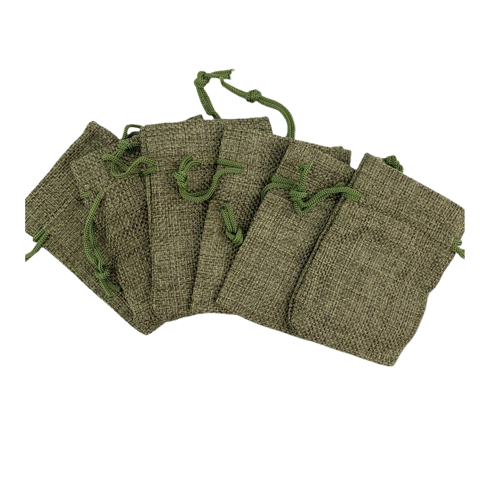 25 Pack Burlap Drawstring Gift Bags - 3.6x4.8 Inch Moss Green Linen Jewelry Pouches for Wedding Favors, Party Gifts, Birthday Treats & Bridal Shower - Eco-Friendly Hessian Jute Bags for Small Gifts & Decorations