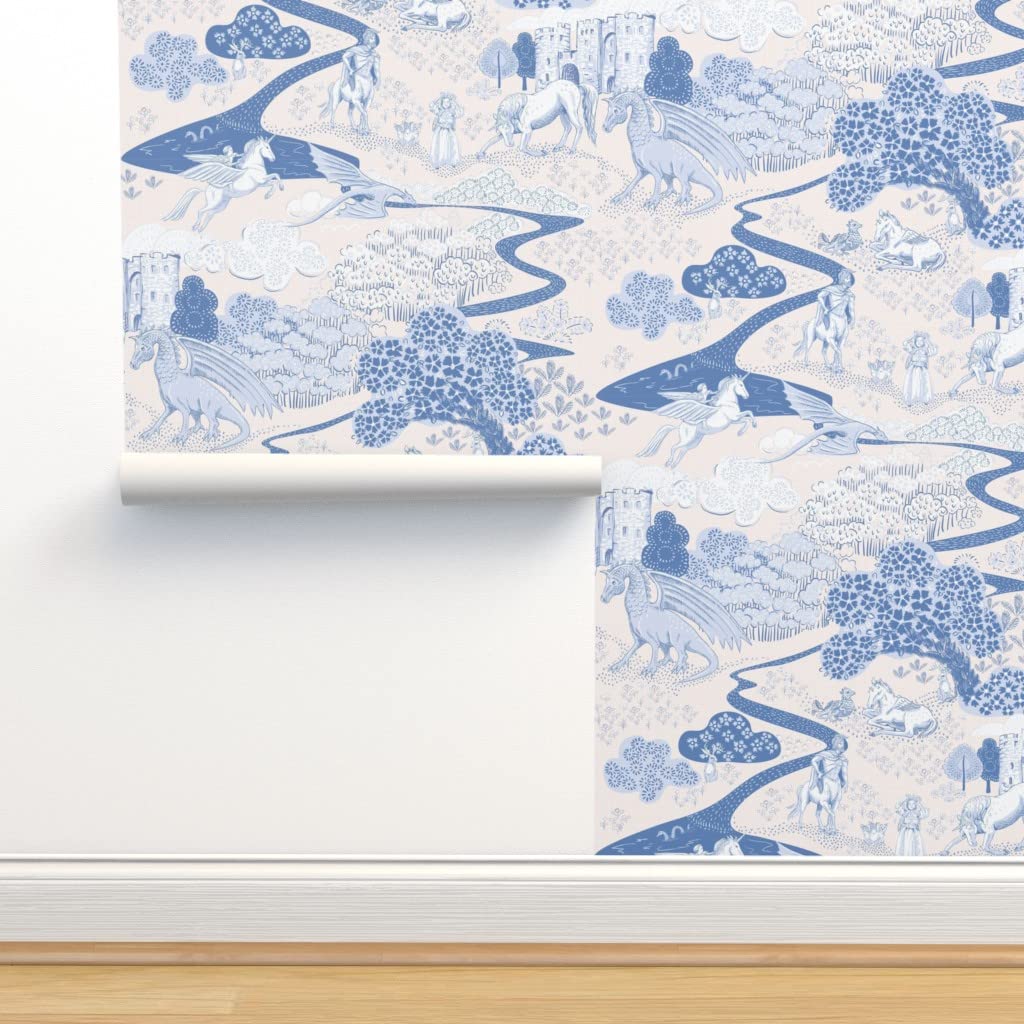 Peel & Stick Removable Wallpaper 9ft x 2ft - Mythical Creatures Toile Design with Blue Dragons, Lilac & Lavender Colors | Perfect for Nursery, Bedroom, or Princess Fairy Themed Decor | Easy DIY Home Decor by Spoonflower