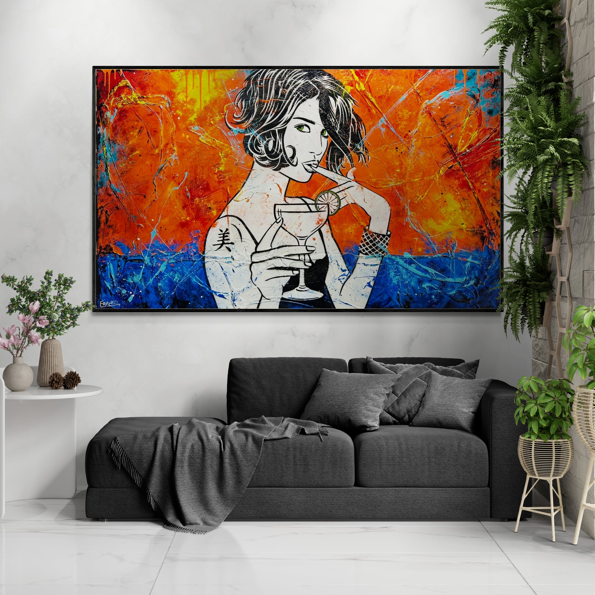 Lime Snap 200x120cm Modern Cocktail Textured Urban Pop Art Canvas Painting - Perfect for Living Room, Bar or Office Wall Decor