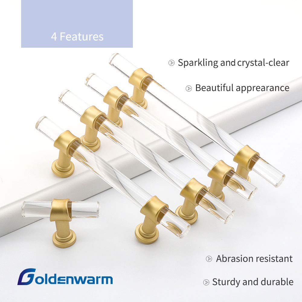 GoldenWarm 5 Pack Gold Crystal Drawer Knobs - Single Hole T Bar Lucite Acrylic Cabinet Hardware for Kitchen Cupboard, Bathroom, Dresser, and Wardrobe