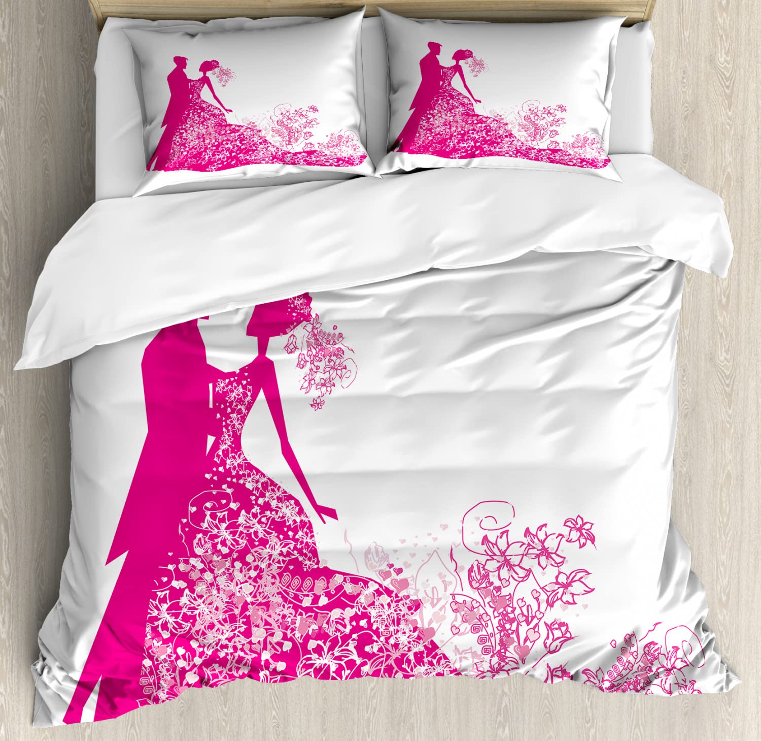 Ambesonne King Size Wedding Duvet Cover Set - 2 Pack Vibrant Magenta & White Floral Design with Dancing Couple Silhouette, Includes 2 Duvet Covers & 4 Pillowcases - Perfect for Wedding Gifts, Anniversary Celebrations & Romantic Bedroom Decor
