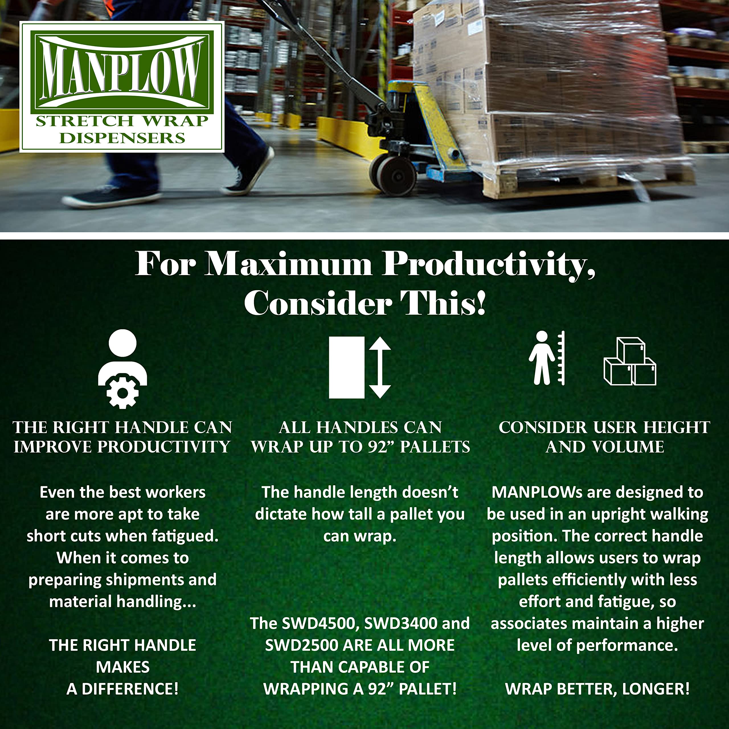 MANPLOW Short Handle Stretch Wrap Dispenser - Heavy Duty Pallet Wrapping Tool for Secure Shipping & Warehouse Use (1 Pack) - Ideal for Moving, Storage & Industrial Packaging