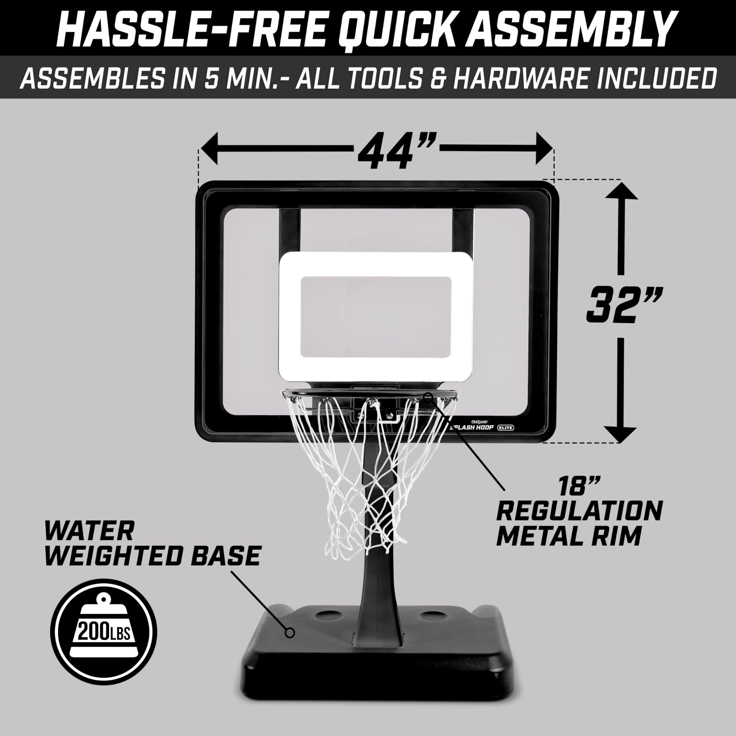 GoSports Splash Hoop Elite - Adjustable & Fixed Height Pool Basketball Hoop with Water Weighted Base, Regulation Steel Rim & 2 Pool Basketballs - Perfect for Backyard Pool Parties, Summer Fun & Water Games
