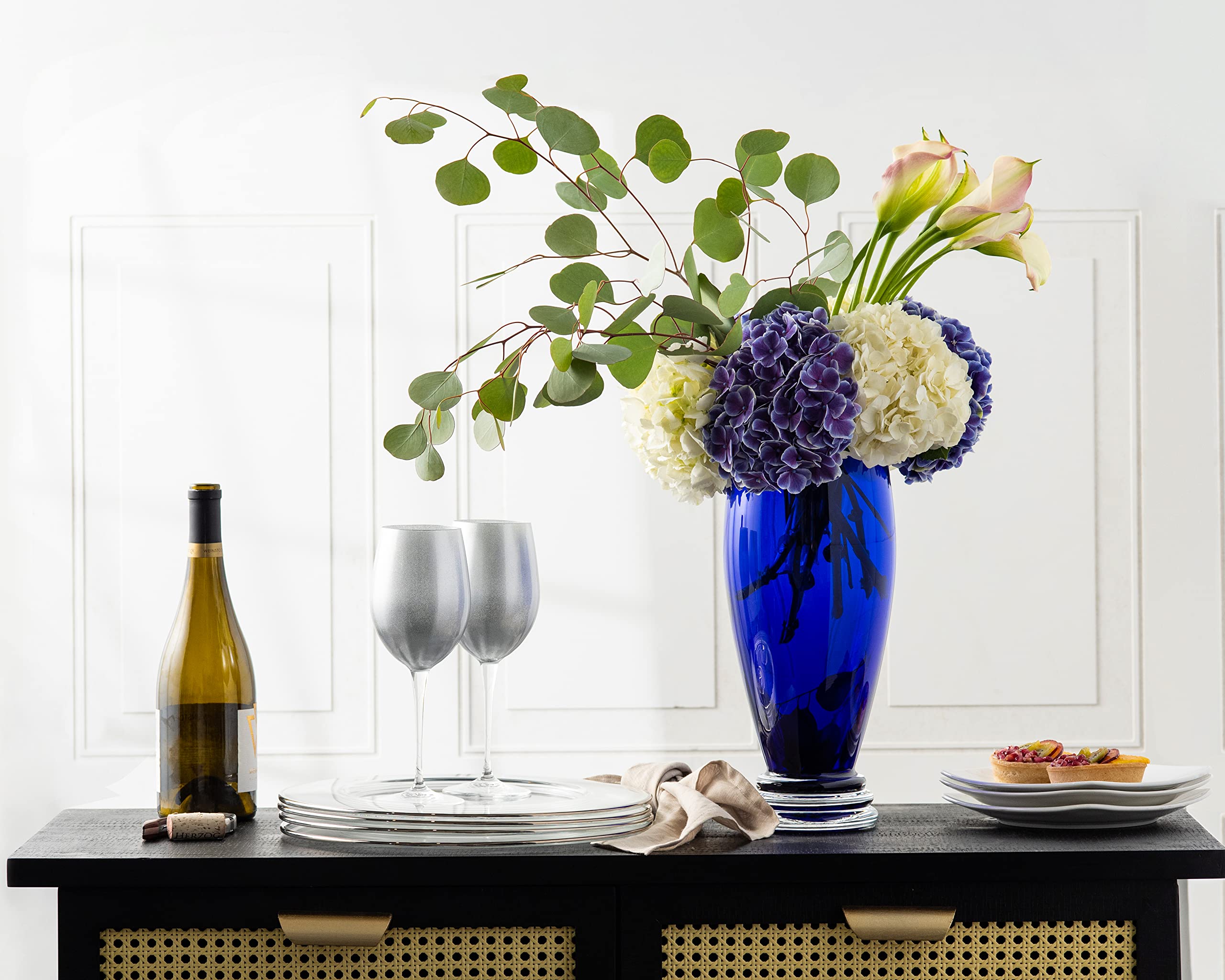Premium Barski Goblet Set of 6 - Elegant 14oz Stemmed Glasses for White Wine & Water, Silver-Decorated European Crystal Glassware - Perfect for Dinner Parties, Weddings & Formal Entertaining