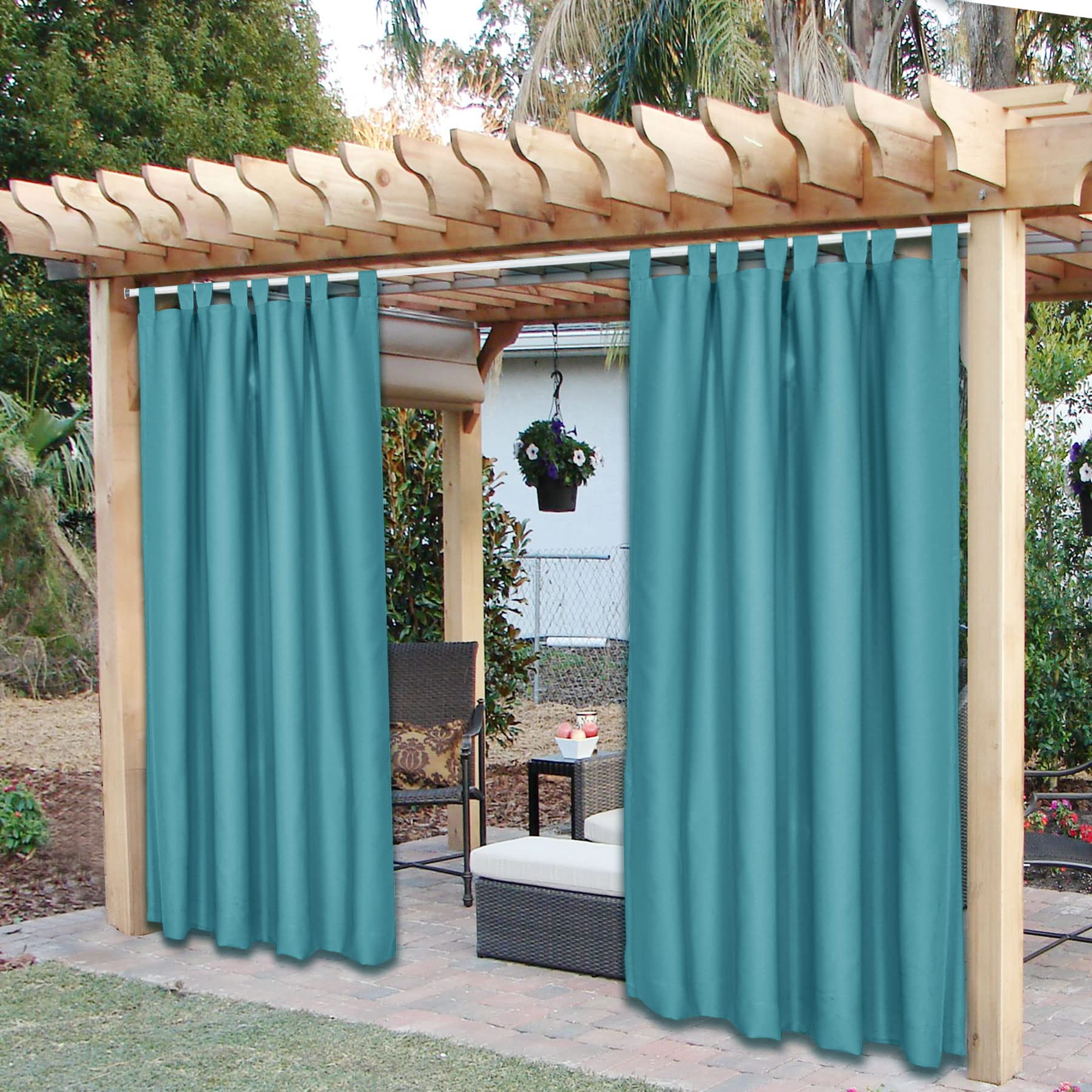 Waterproof Noise Canceling Indoor Outdoor Curtains - Self Adhesive Tab Top Drapes for Pergola, Balcony, Patio - Turquoise 52