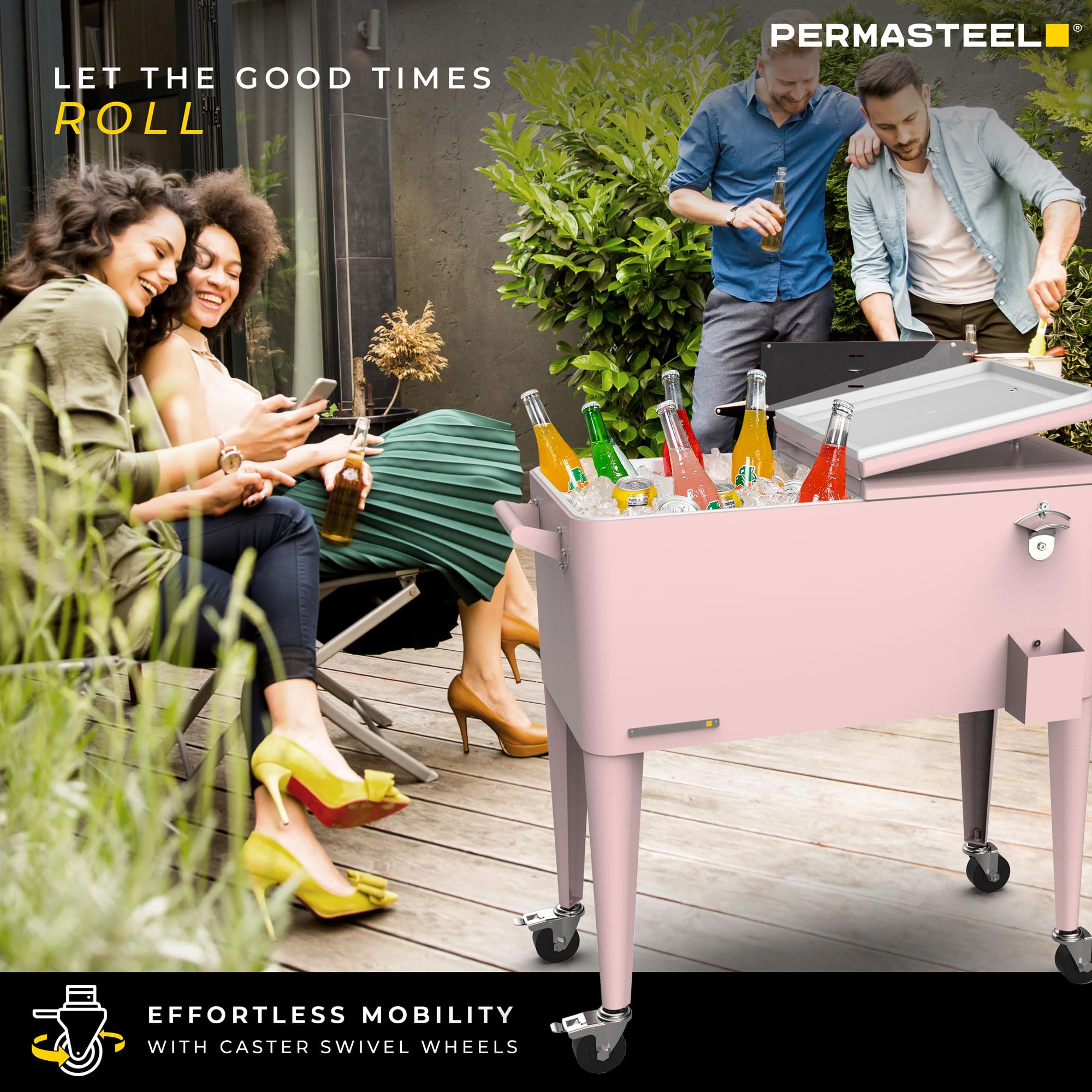 Permasteel 80-Quart Classic Outdoor Patio Cooler with Wheels & Handles - Retro Design Beverage Bar Cart for Picnics, BBQs, Camping & Tailgating