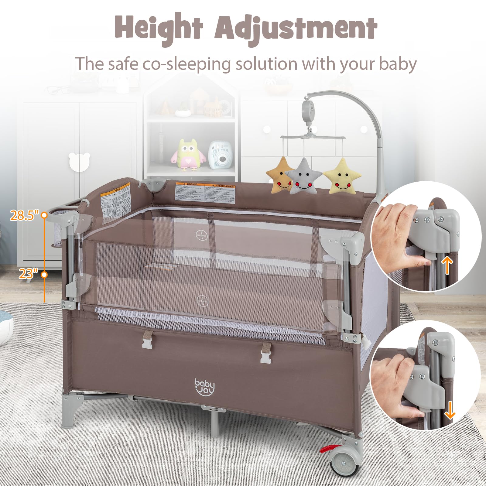 BABY JOY 5-in-1 Portable Baby Playard with Bassinet & Diaper Changer | Safe Bedside Sleeper for Newborn to Toddler | U-Shaped Changing Station, Side Zipper Entrance & Safety Strap | Coffee | Perfect for Nursery, Travel & Co-Sleeping