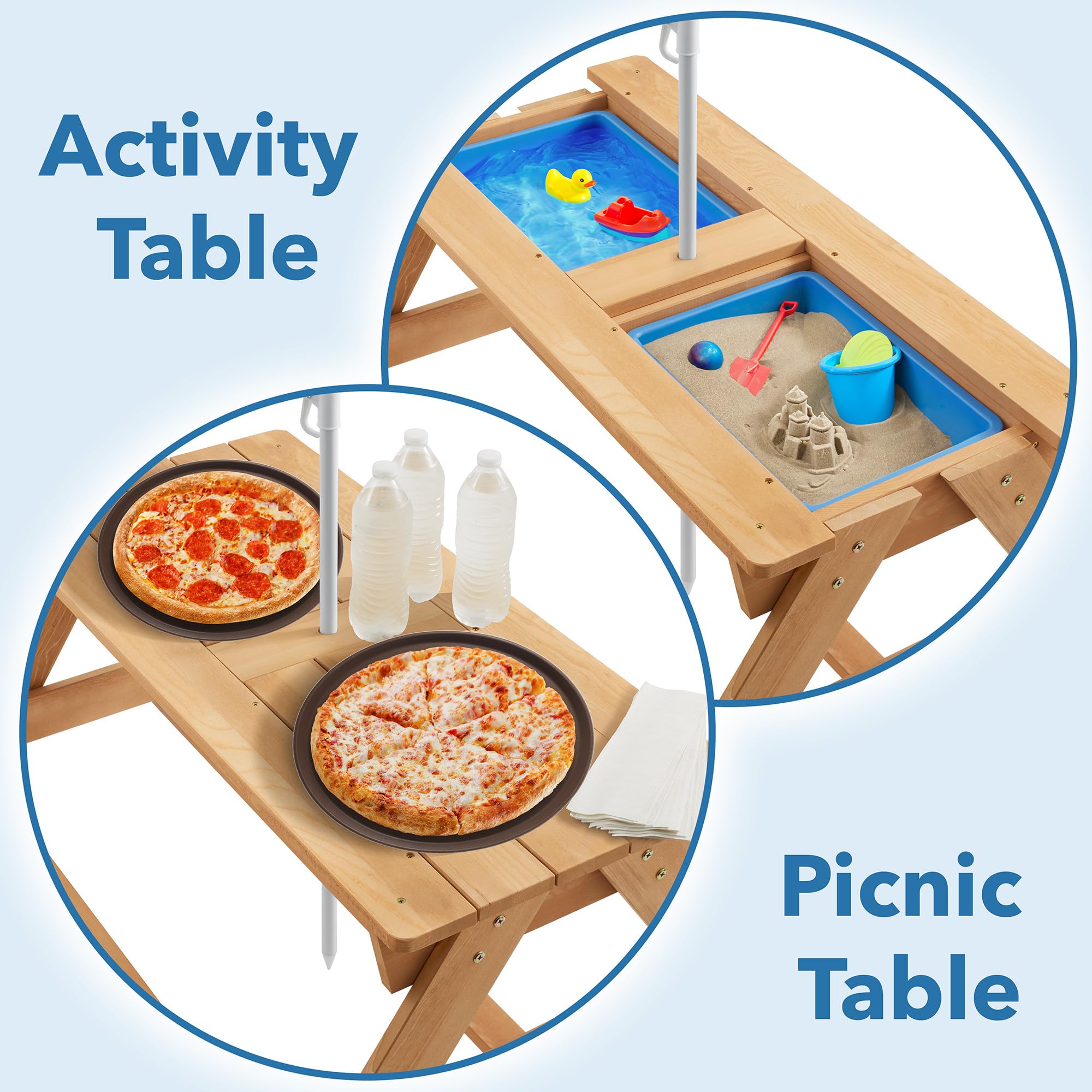 Casafield 3-in-1 Wooden Kids Sand and Water Play Table with Umbrella - Outdoor Activity Table with 2 Play Boxes & Removable Lid - Perfect for Backyard, Patio, Beach & Preschool Playtime