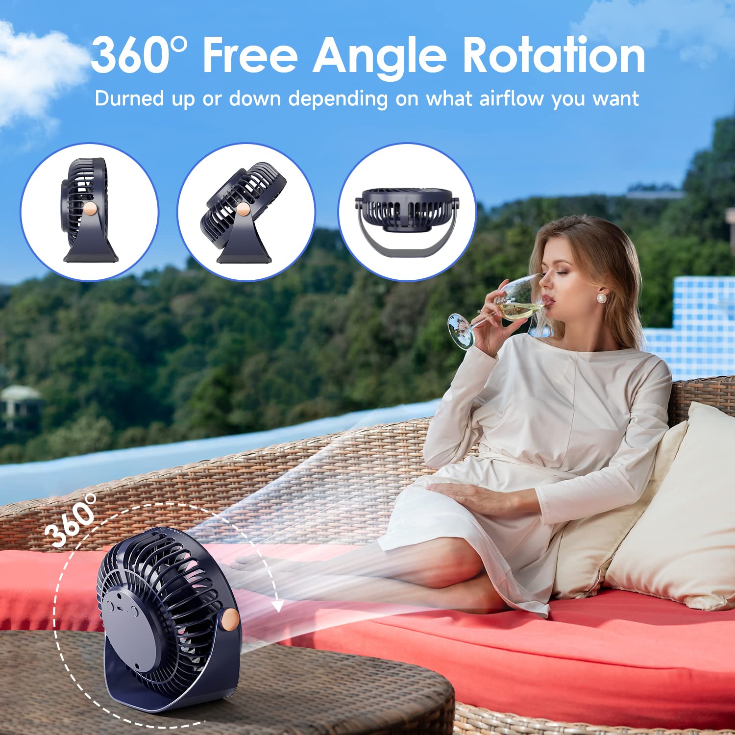 Silent USB Desk Fan - 5 Speed Adjustable Mini Portable Fan with 3600mAh Rechargeable Battery, 360° Rotation for Home Office Bedroom | Perfect for Work, Study & Sleep