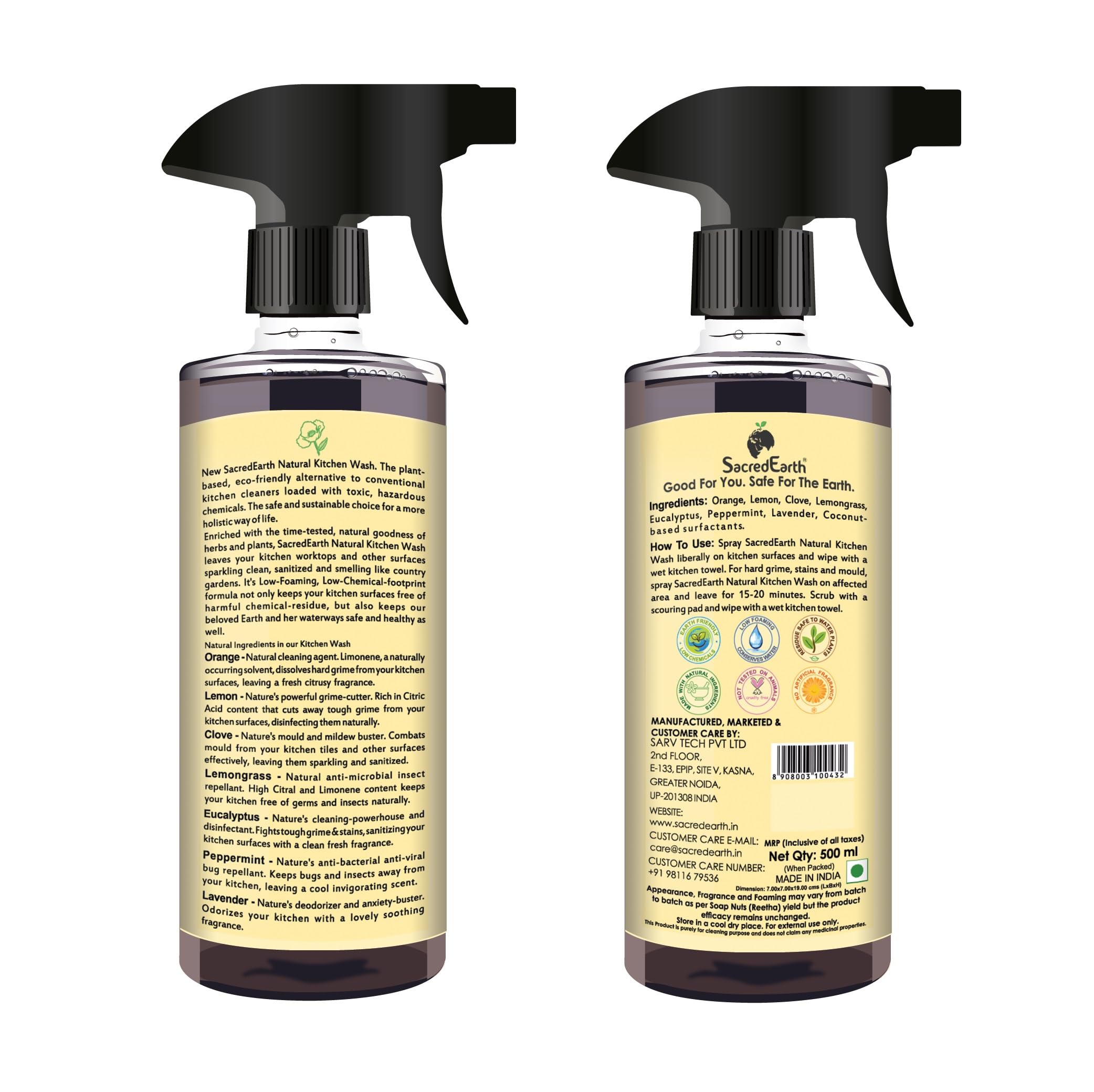SacredEarth All-Natural Kitchen Cleaner with Orange, Lavender, Clove, Eucalyptus & Peppermint - 500ml Eco-Friendly Degreaser for Countertops, Stoves, Sinks & Appliances