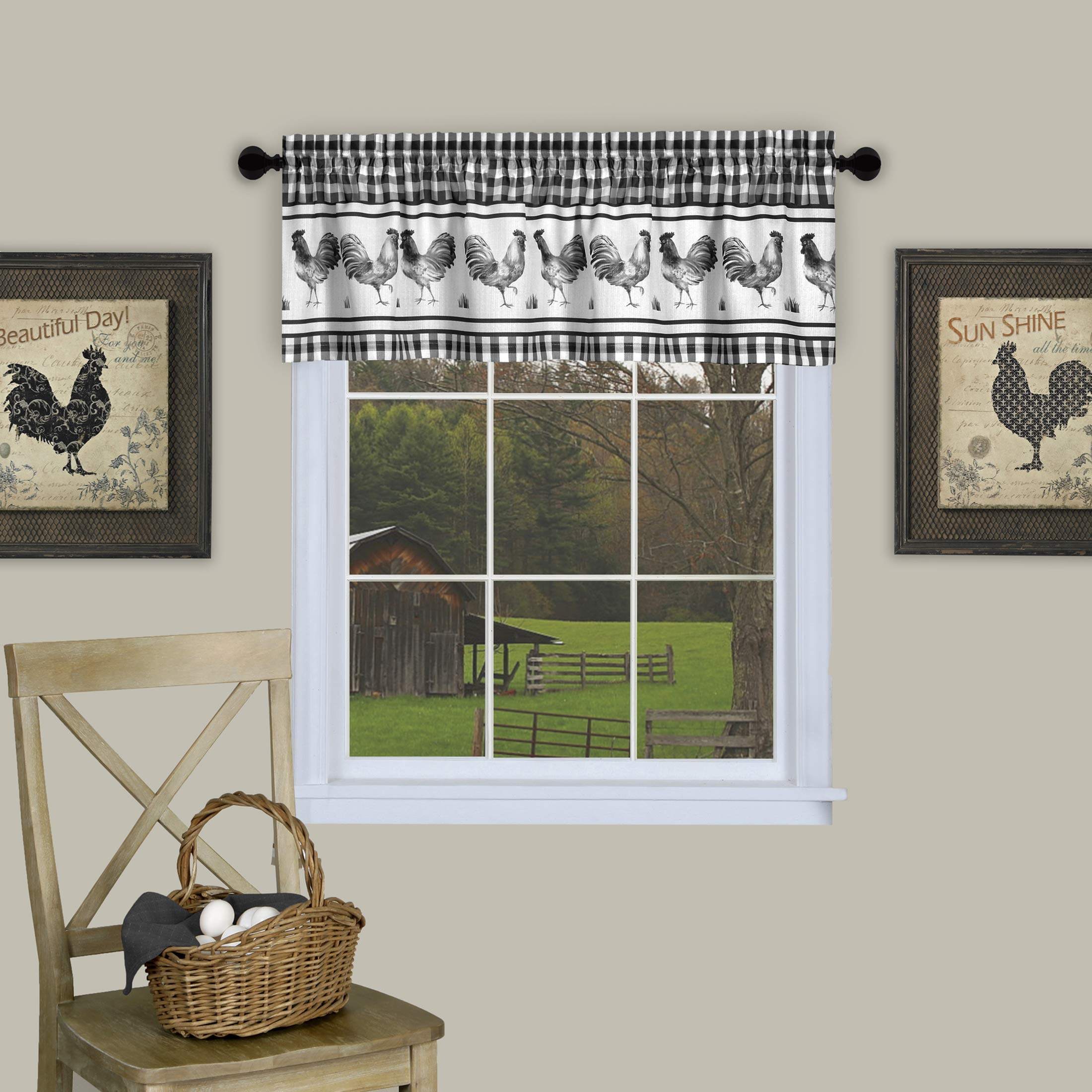 PowerSellerUSA Rooster & Check Design Kitchen Window Valance - 58W x 14L Inches, Rod Pocket Black Polyester Curtain for Kitchen Decor - Perfect for Farmhouse, Country Style Kitchens & Breakfast Nooks