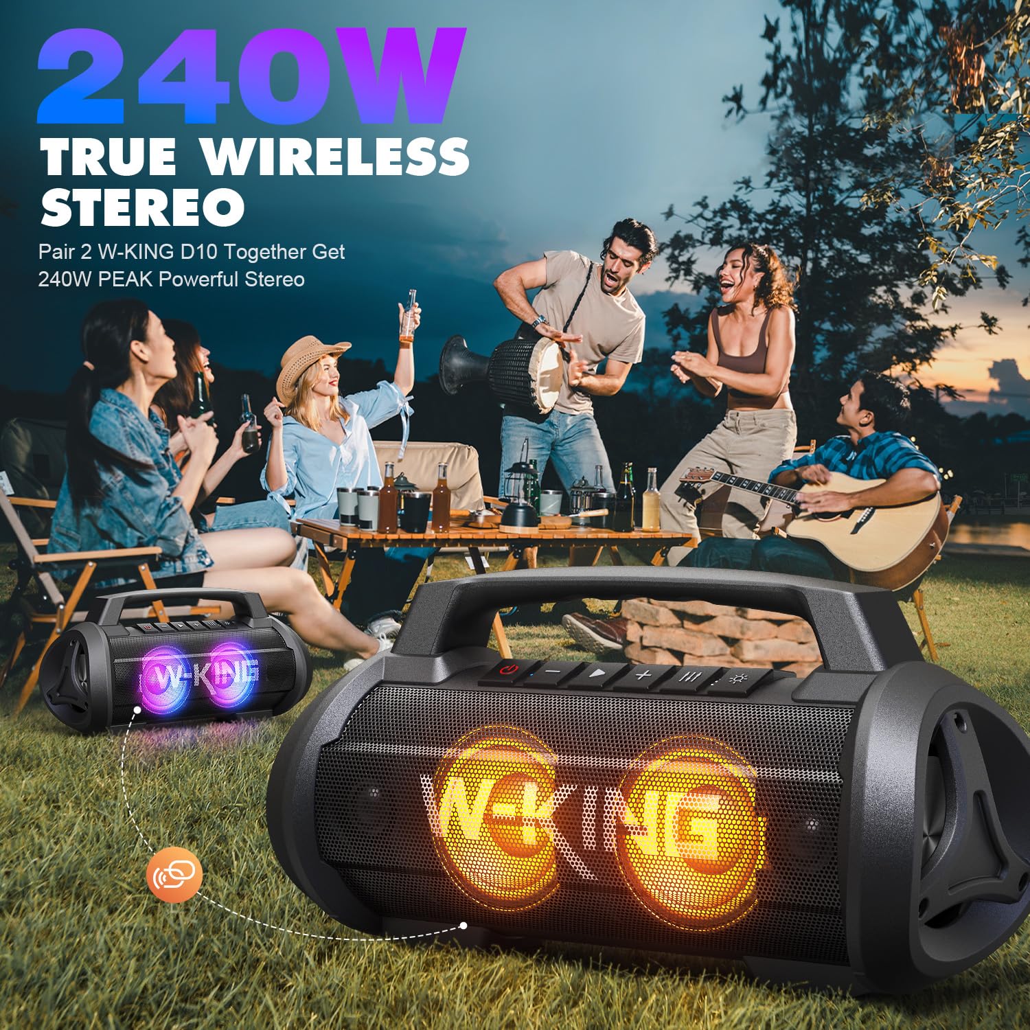 W-KING 120W Max Loudest Bluetooth Speaker - IPX6 Waterproof Portable Wireless Speaker with 70W Deep Bass, 2 Subwoofers, DSP, EQ, 42H Playtime, LED Lights, Power Bank - Perfect for Outdoor Parties, Beach, Camping & Large Events