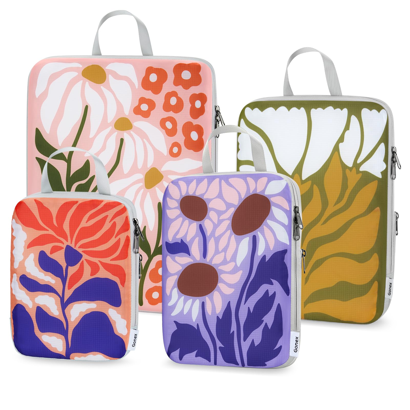 Gonex 4-Piece Compression Packing Cubes Set - Expandable Travel Luggage Organizers for Suitcase & Carry On (Floral Design) | Perfect for Business Trips, Vacation Packing & Closet Organization