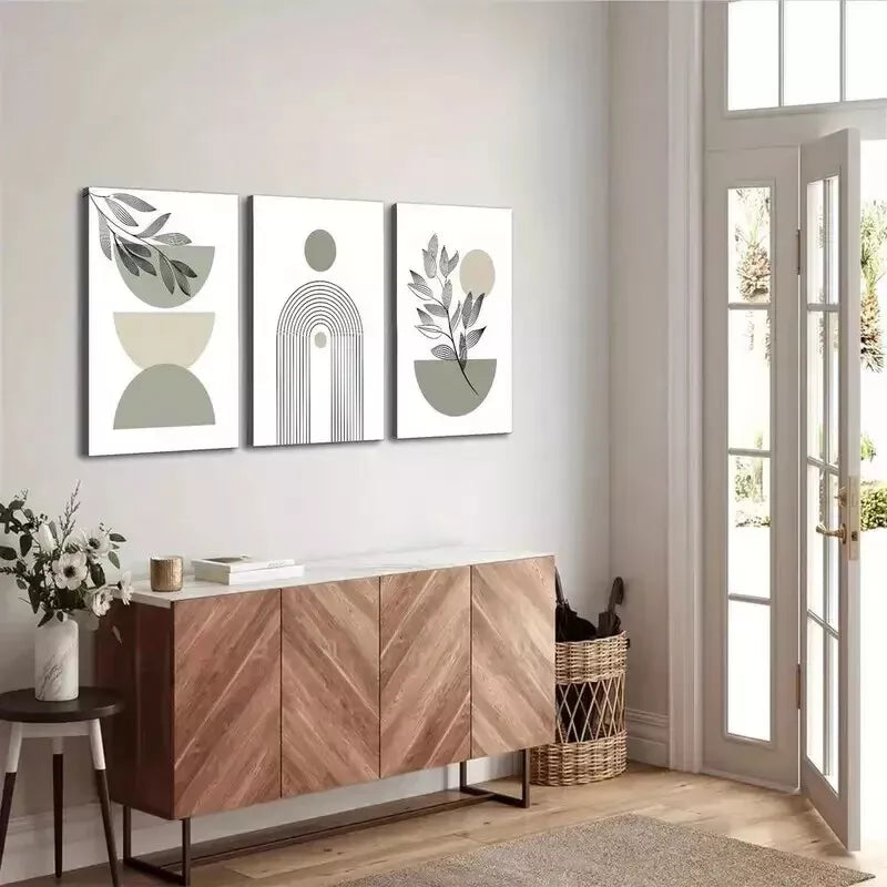3-Piece Boho Chic Sage Green Modern Abstract Geometric Wall Art Set - Framed Canvas 50x70cm (20x28in) - High Quality Print - Ready to Hang - Perfect for Living Room, Bedroom & Office Decor
