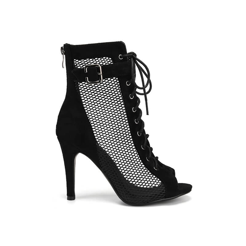Women's Suede & Mesh High Heel Boots with Side Buckle - Stylish Ankle Boots for Party, Night Out & Office Wear