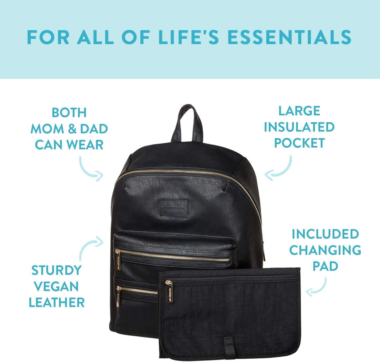 The Honest Company Vegan Leather City Backpack - Stylish Diaper Bag with Detachable Changing Pad | Black Eco-Friendly Leather with Gold Accents | PVC-Free Lining (16