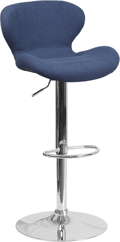 FLASH Francis Modern Blue Fabric Adjustable Height Bar Stool with Curved Back & Chrome Base - Perfect for Kitchen Islands, Breakfast Bars & Home Decor
