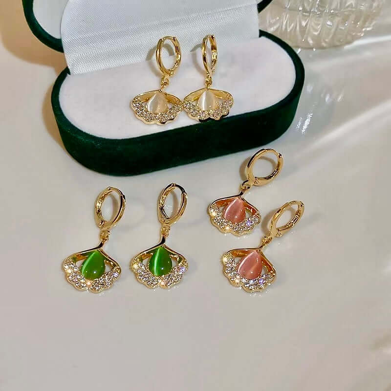 14K Gold Plated Ginkgo Leaf Huggie Earrings with Dangle Pearl Drop | Elegant Pearl Earrings for Women | Perfect for Weddings, Parties & Everyday Wear | A8078
