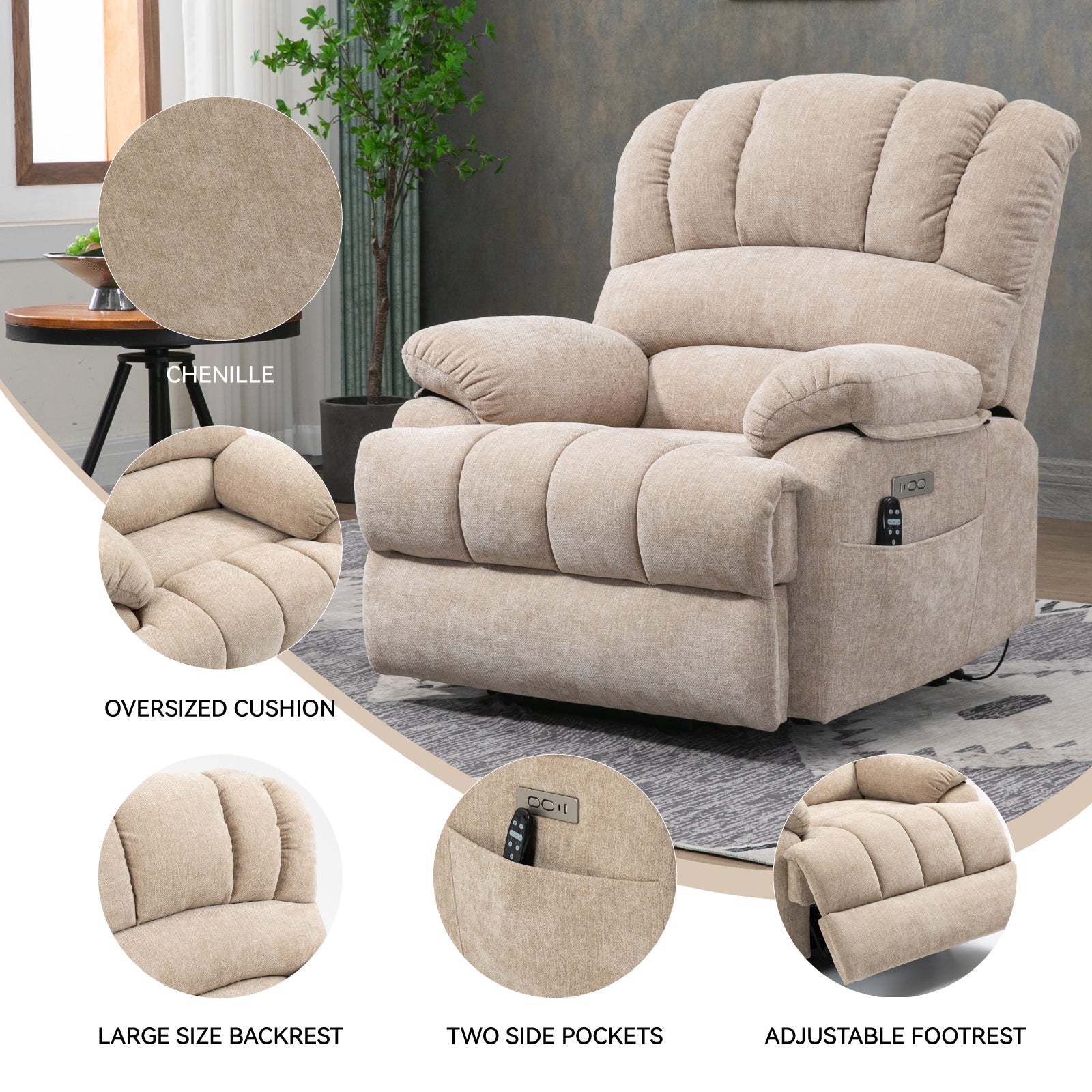 Extra Wide 23-Inch High Back Large Beige Chenille Power Lift Recliner Chair with 8-Point Vibration Massage & Lumbar Heating - Perfect for Living Room, Home Theater & Elderly Comfort