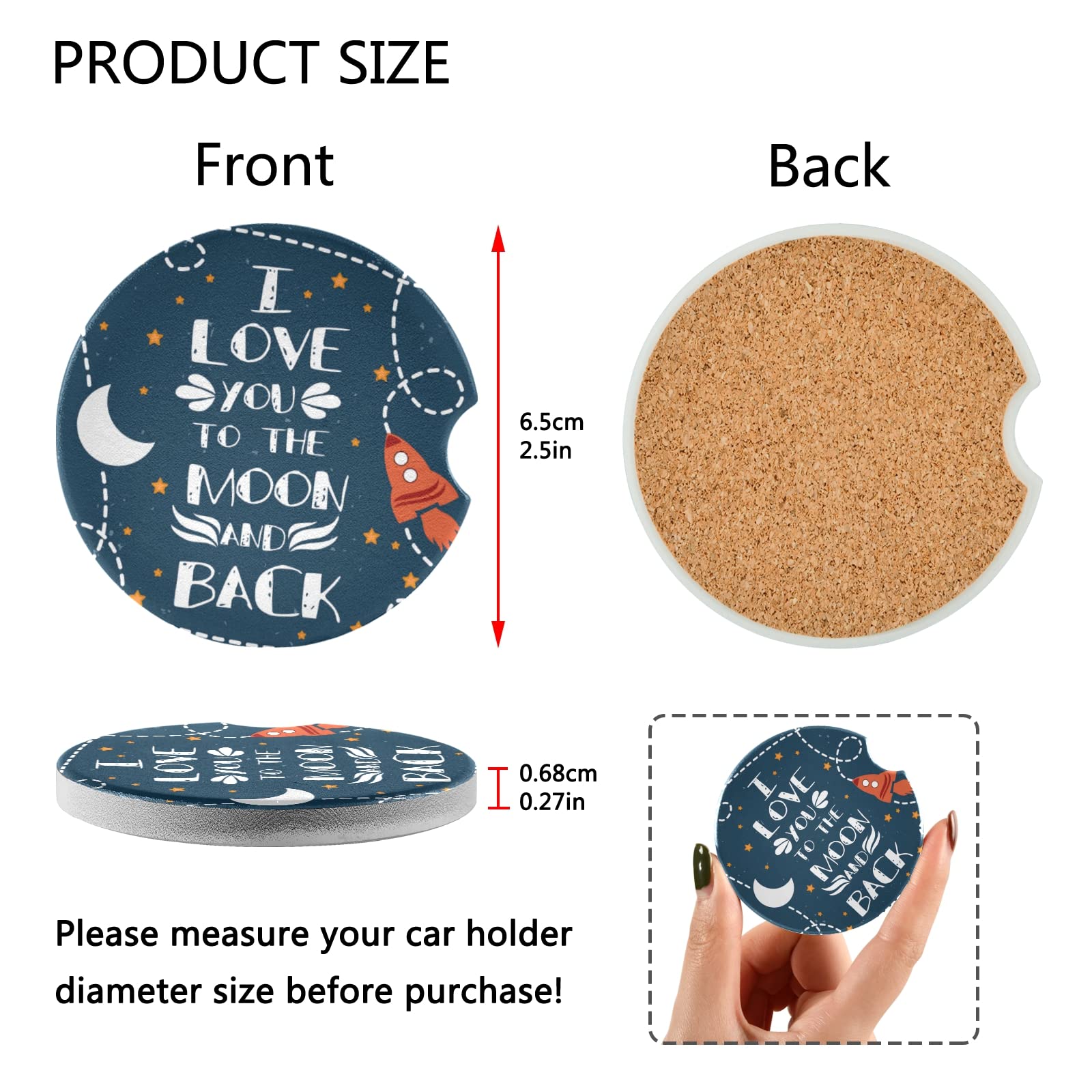 Valentine's Day Moon Rocket Car Coasters 2PCs - Absorbent Cup Mats with Cork Back for Cars