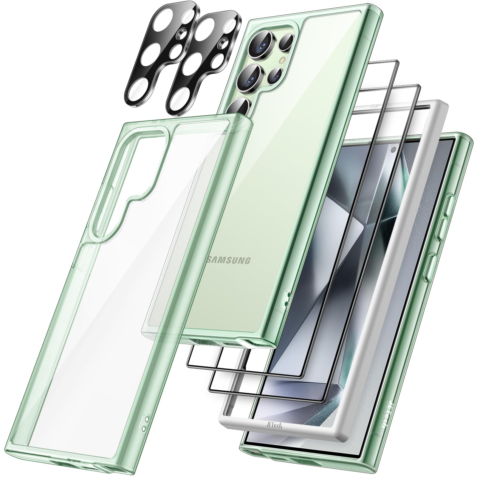 JETech 5-in-1 Protective Case for Samsung Galaxy S24 Ultra 5G - Includes 2 Tempered Glass Screen Protectors & Camera Lens Protector | Shockproof, Non-Yellowing Bumper Cover (Titanium Green) | Perfect for Work, Travel & Outdoor Activities