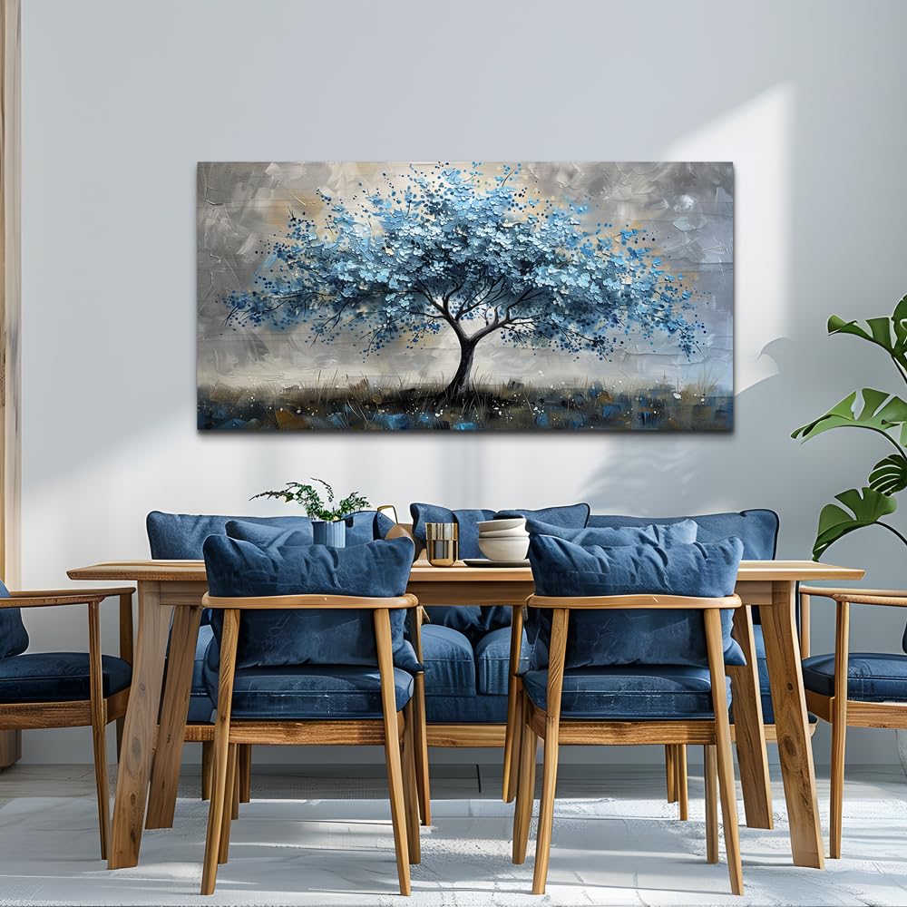 MHARTK66 Farmhouse Wall Art - Blue Tree Landscape Canvas Painting, Large Stretched & Framed Ready to Hang - Perfect for Living Room, Bedroom & Office Decor | Rustic Home Wall Decor for Modern Farmhouse, Apartment & Workspace