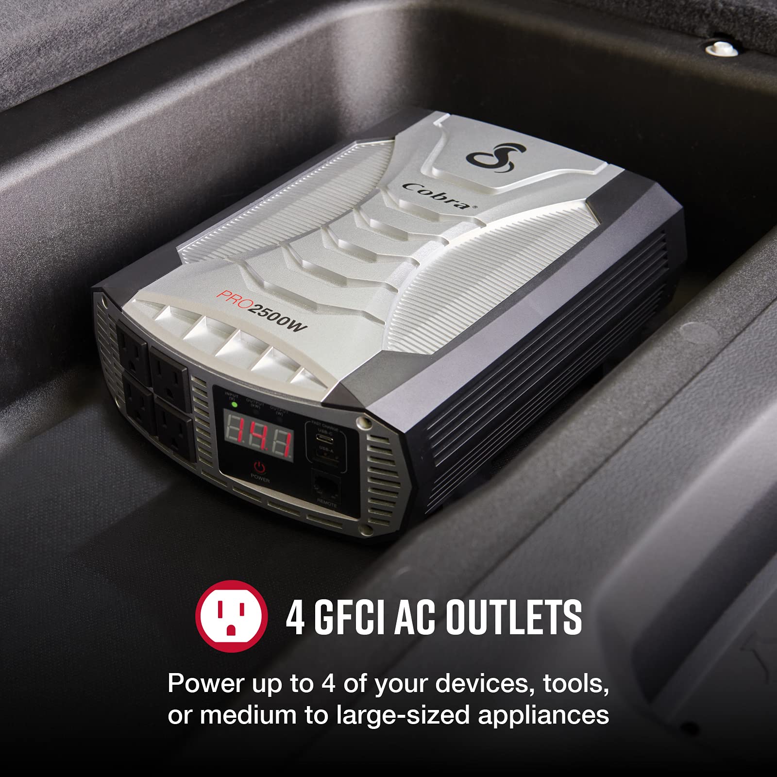 Cobra PRO 2500W Professional Grade Power Inverter - 2500W Car Charger with 4 AC Outlets & 2 USB Ports, Remote Control for Camping, RV, Emergency Power & Outdoor Activities (CPIALCDG1)