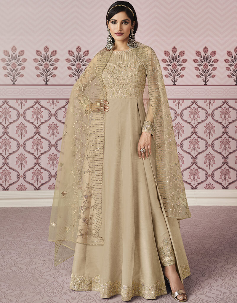 Exquisite Beige Russian Silk Embroidered Anarkali Dress for Women | Elegant Party Wear & Special Occasion Outfit | Perfect for Weddings, Festivals & Evening Events