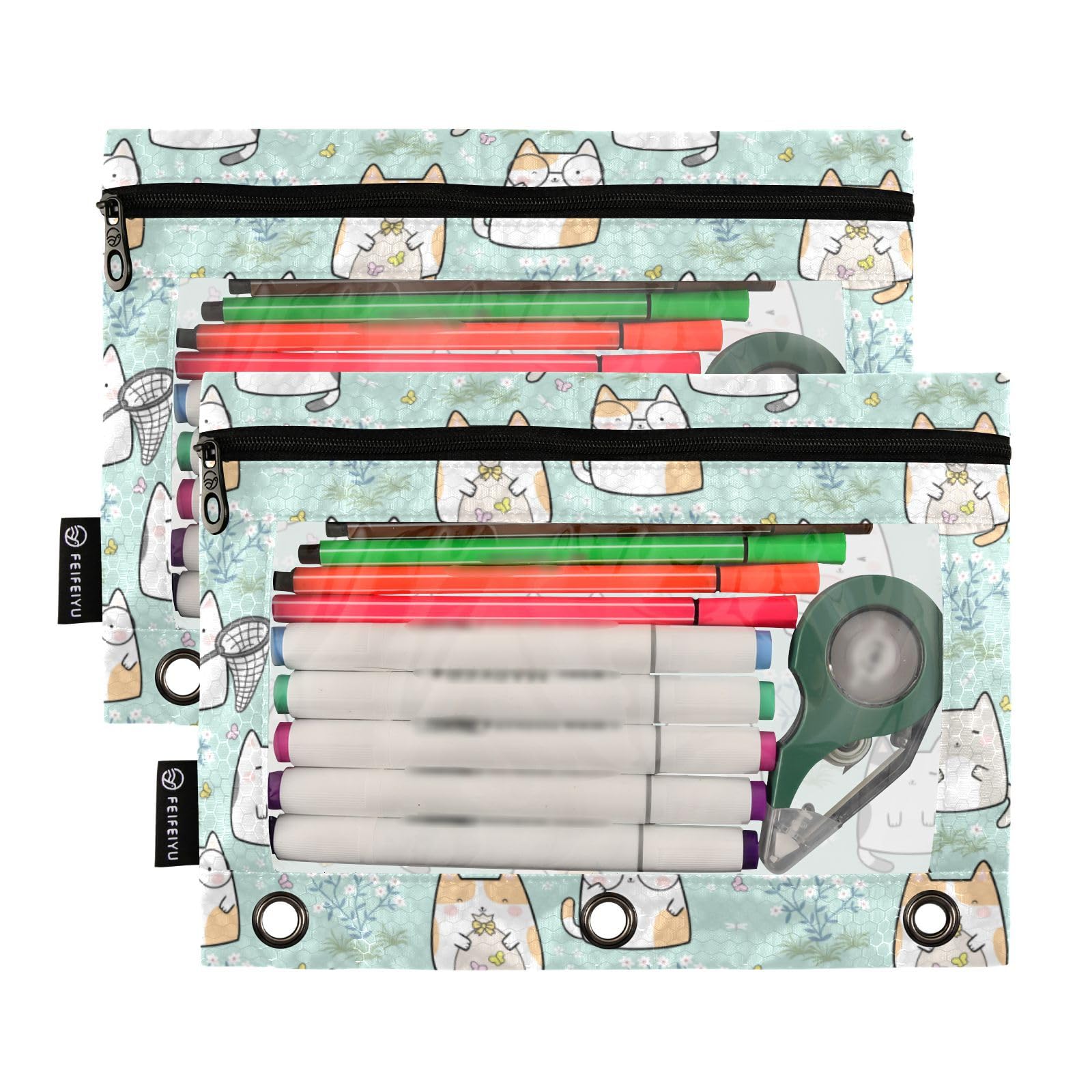 Kawaii Cute Cat Pencil Pouch for 3 Ring Binder - Clear Window Zipper Pencil Case for School & Office Supplies (2 Pack) - Perfect for Organizing Pens, Markers & Stationery in Binders
