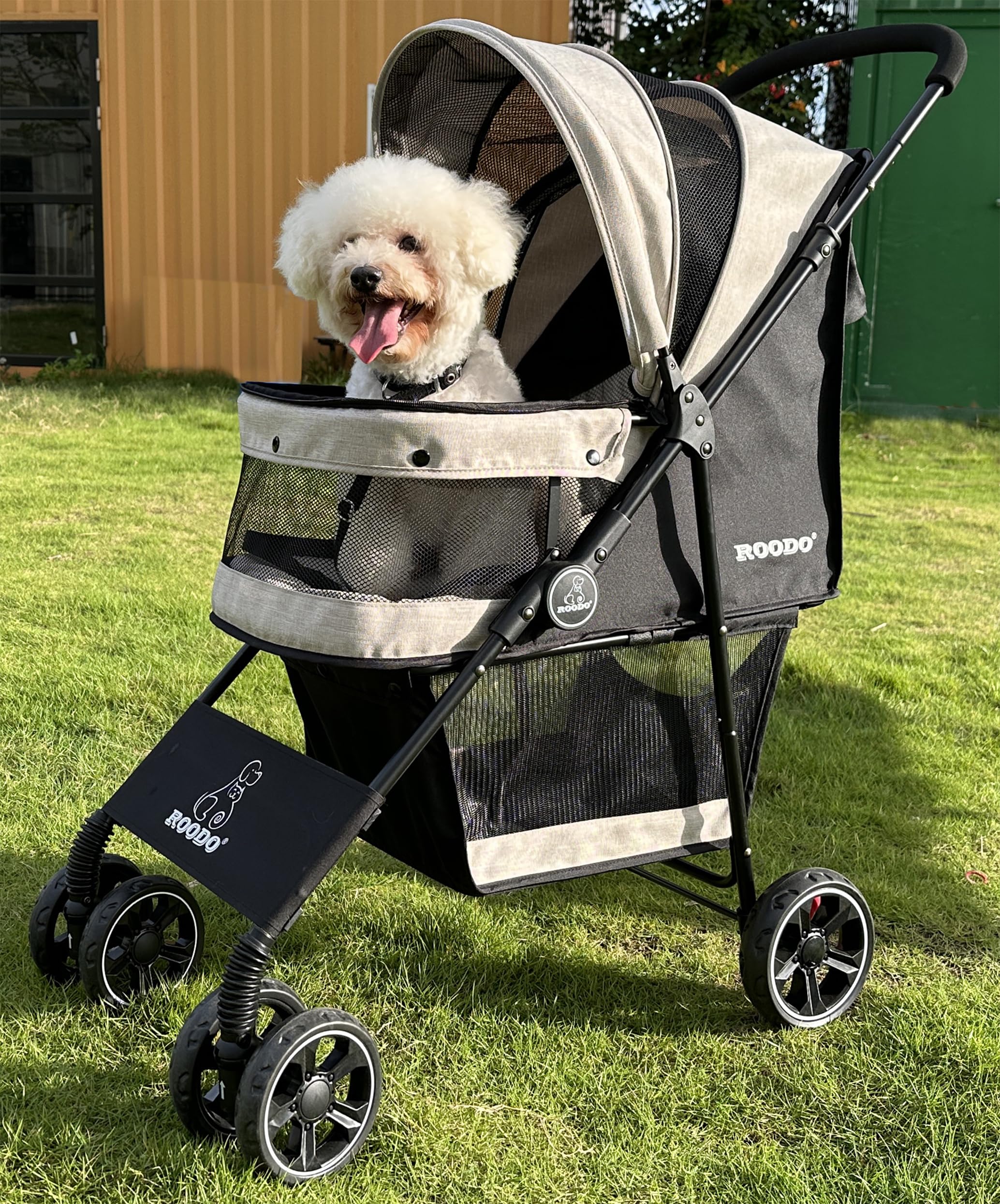 ROODO 4 Wheel All-Terrain Pet Stroller - Lightweight Foldable Compact Travel Jogger for Small/Medium Dogs & Cats up to 30lbs (Light Khaki) | Perfect for Outdoor Walks, Shopping Trips & Vet Visits