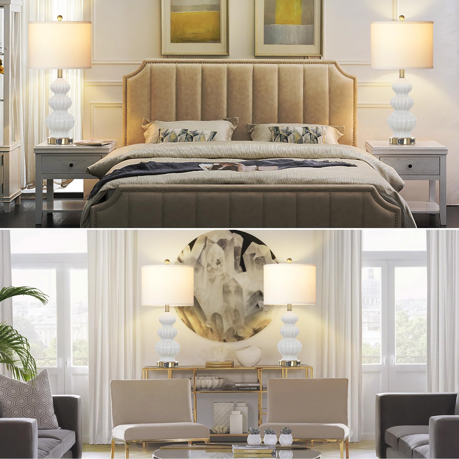 Modern Triple Gourd Ceramic Table Lamps Set of 2 - White USB Bedside Lamps with USB A+C Ports & AC Outlet, 3-Way Touch Control Nightstand Lighting for Bedroom, Living Room, Office - Perfect for Reading, Working & Home Decor