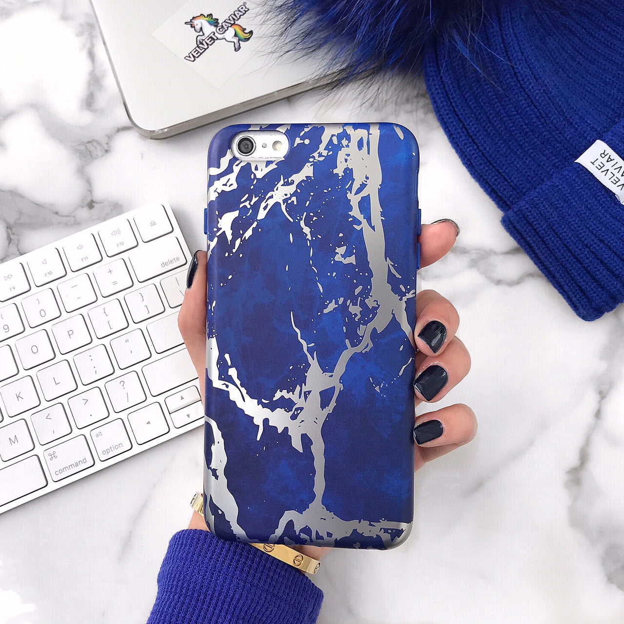 Navy Blue Marble Silver Chrome iPhone Case - Stylish Protective Cover for iPhone 13/14/15 Pro Max - Durable Shockproof Phone Case for Everyday Use & Travel