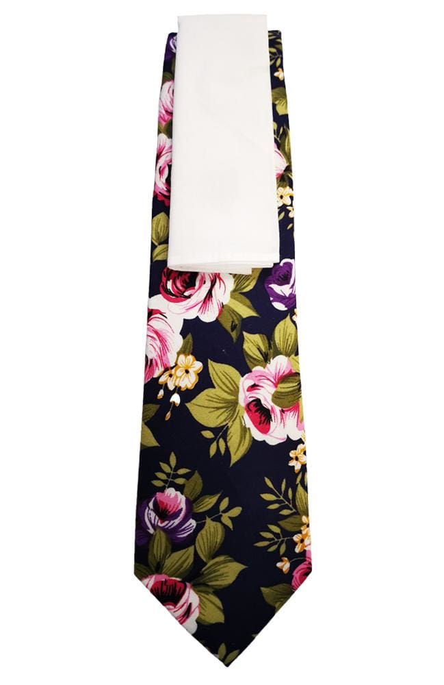 L.A. Smith Navy Blue Floral Cotton Tie and Pocket Square Set - Perfect for Weddings, Business Meetings & Formal Events