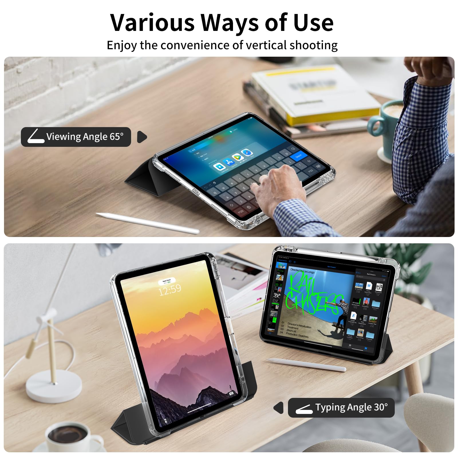 Premium Hybrid Protective Case for iPad Air 11-inch M3/M2 (2025/2024) & iPad Air 5th/4th Gen (2022/2020) - Shockproof Cover with Apple Pencil Holder, Detachable Magnetic Stand & Clear Hard Back Shell - Perfect for Work, School & Travel - Black