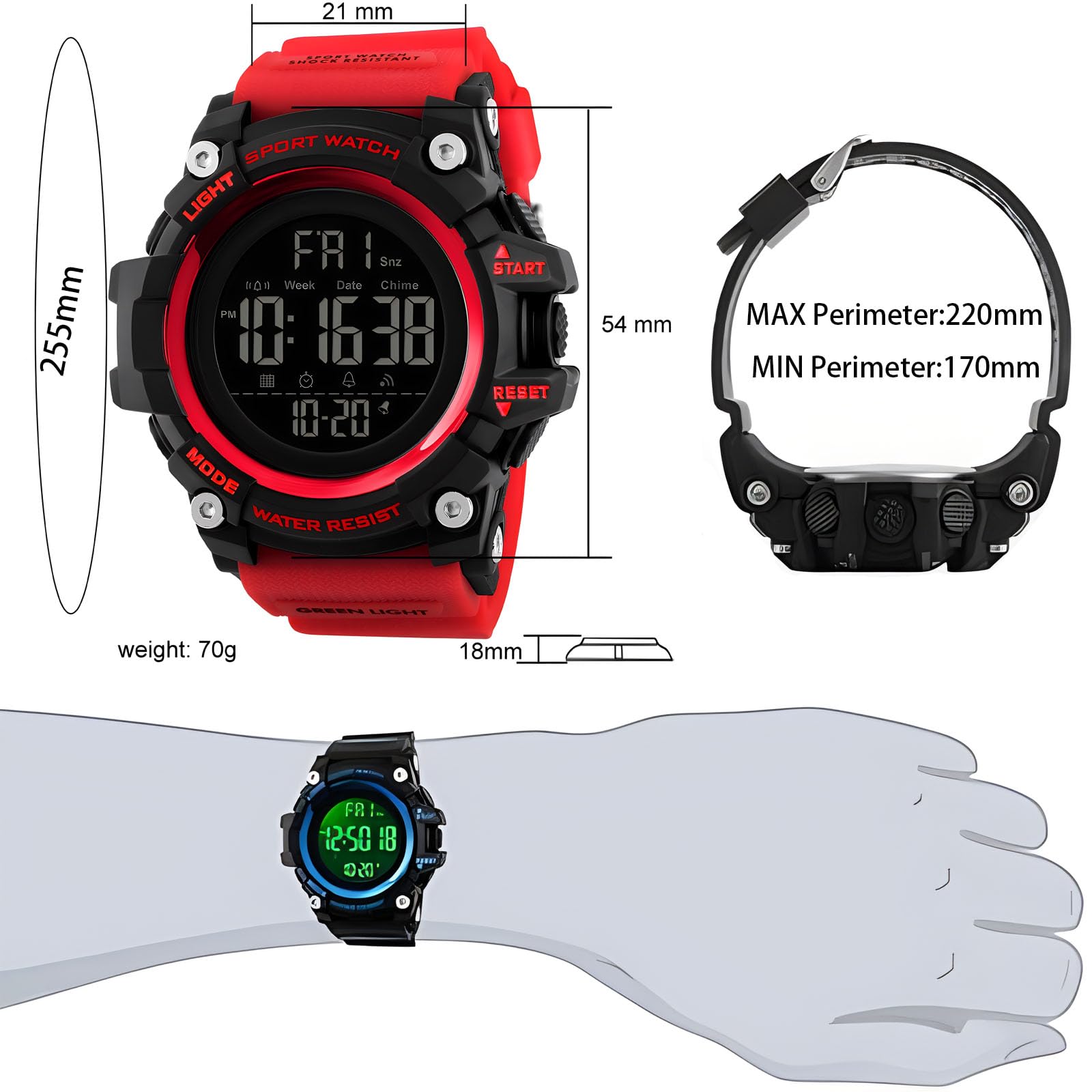 Gosasa Men's Sports Watch - Waterproof Digital LED Watch with Stopwatch, Countdown Timer, 12/24 Hour Display | Perfect for Running, Gym Workouts & Outdoor Activities