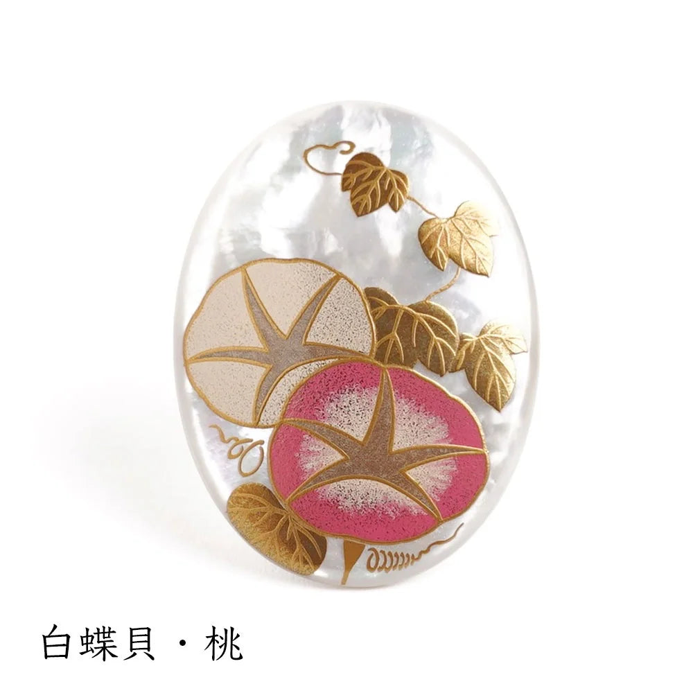 Exquisite Maki-e Urushi Lacquer Brooch with White South Sea Pearl Shell - Handcrafted Japanese Morning Glory Floral Jewelry in Pink | Traditional Artisan Accessory for Weddings, Tea Ceremonies & Special Occasions
