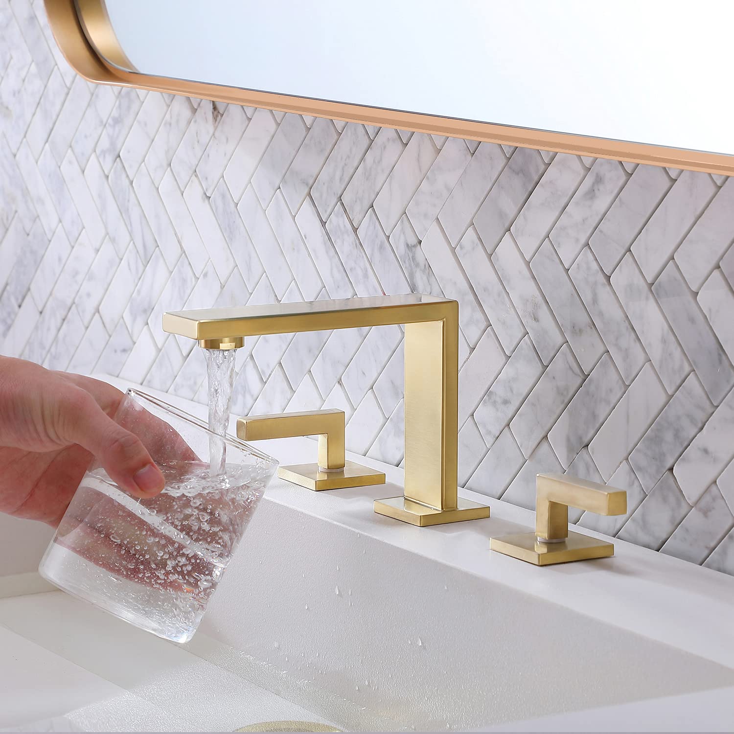 Premium Brushed Gold Bathroom Faucet - Modern 2-Handle 3-Hole Widespread Design - Solid Brass Construction with Water Supply Lines - Perfect for Vanity Sinks in Luxury Bathrooms & Commercial Spaces