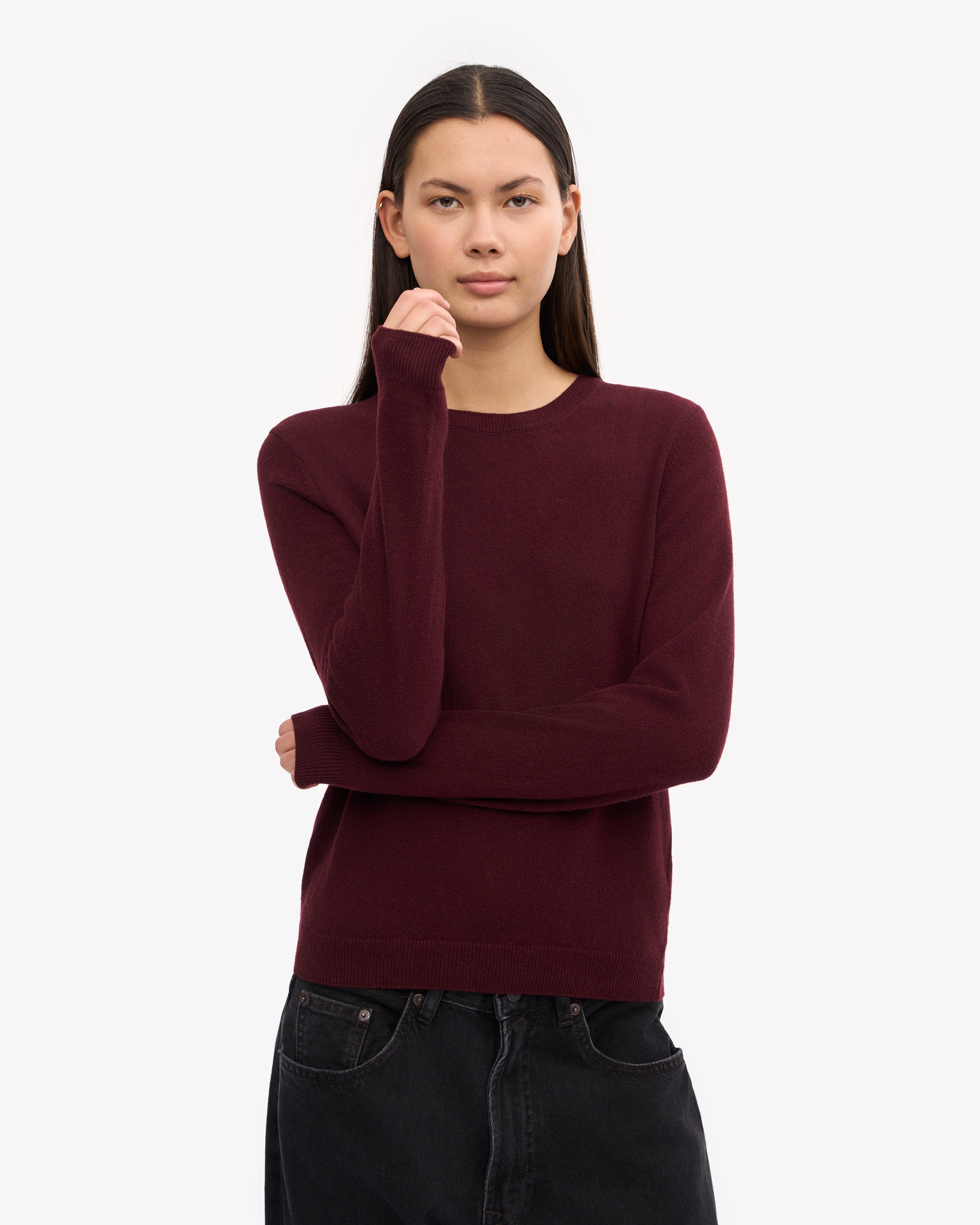 Women's Lightweight Merino Wool Crew Neck Sweater in Oxblood Red - Perfect for Fall Layering & Winter Warmth