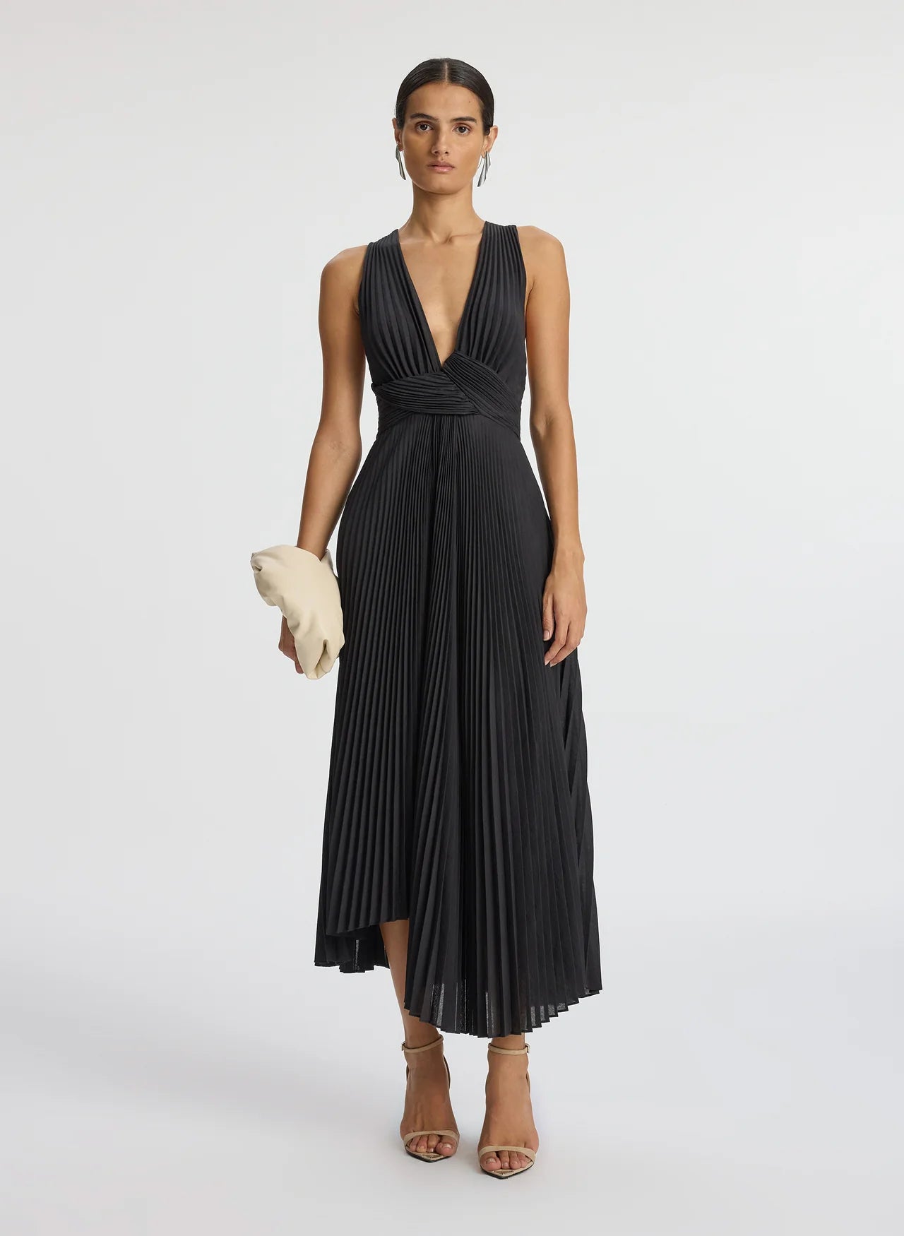 Everly Pleated Midi Dress for Women - Elegant Black Flowy Skirt Dress for Office, Party & Special Occasions