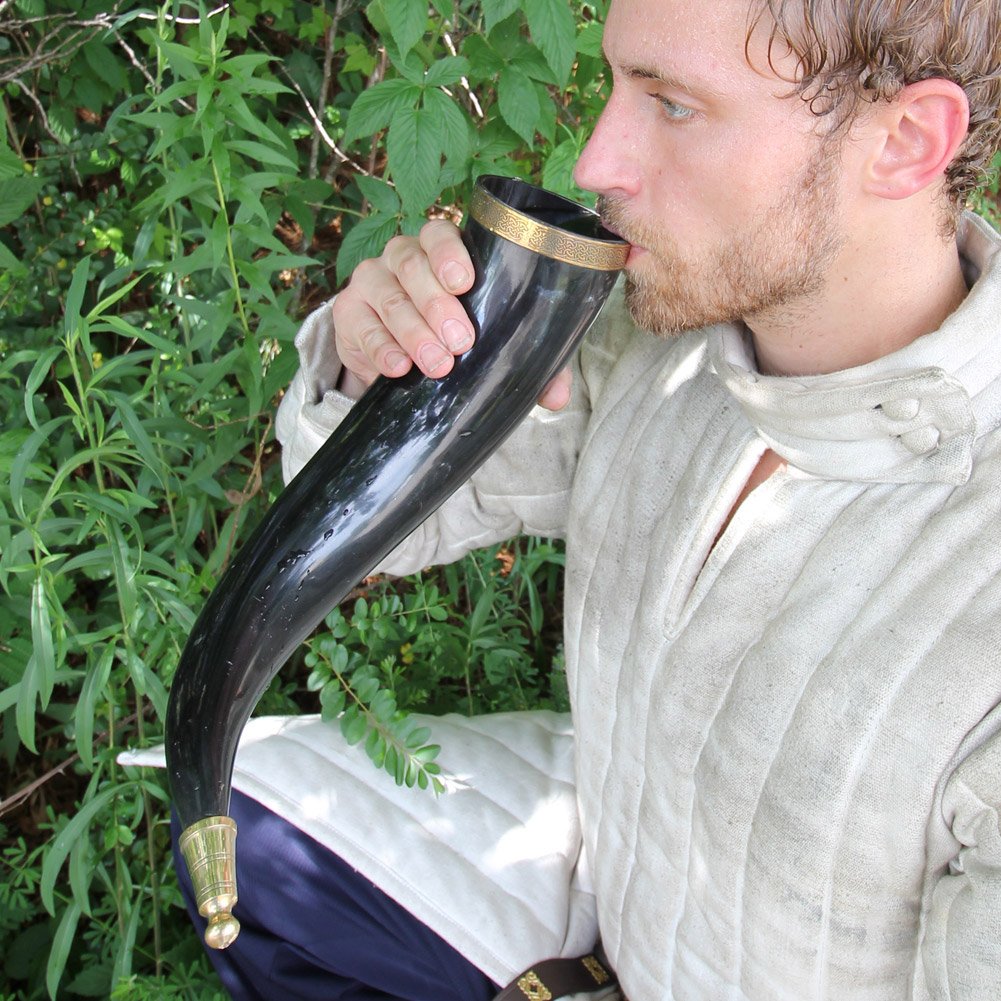 Authentic Medieval Drinking Horn with Brass Accents & Black Leather Holder - Perfect for Viking Themed Parties, Renaissance Fairs & Home Decor