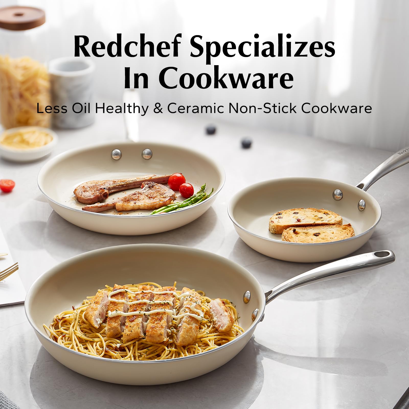 RedChef Nonstick Ceramic Frying Pan Set - 3-Piece Induction Compatible Cookware (8
