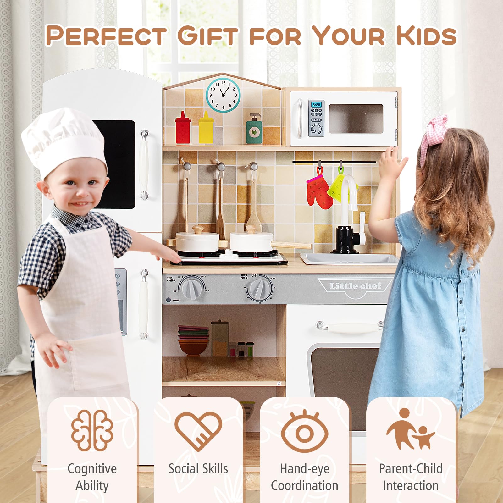 Costzon Wooden Kids Kitchen Playset with Light & Sound - Pretend Play Kitchen Toy for Toddlers Age 3+ | Includes Microwave, Oven, Sink, Ice Maker & Cooking Accessories | Perfect Gift for Boys & Girls - Great for Imaginative Play & Early Learning