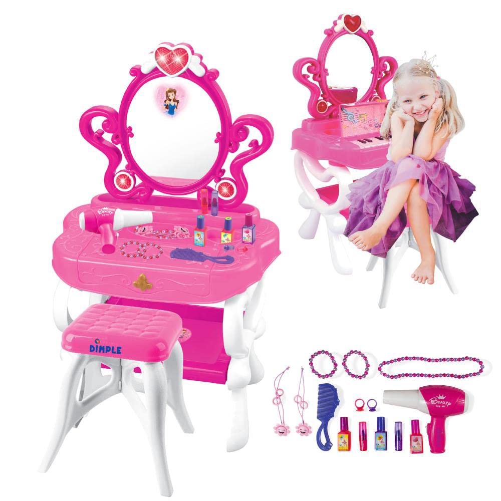 Dimple 2-in-1 Musical Piano & Vanity Set for Girls - Interactive Pretend Play Makeup Toy with Working Piano, Flashing Lights, Large Mirror & Hair Dryer - Includes Pretend Cosmetics & Princess Mirror Image (7 AA Batteries Included) - Perfect for Birthday Gifts, Role Play & Creative Fun