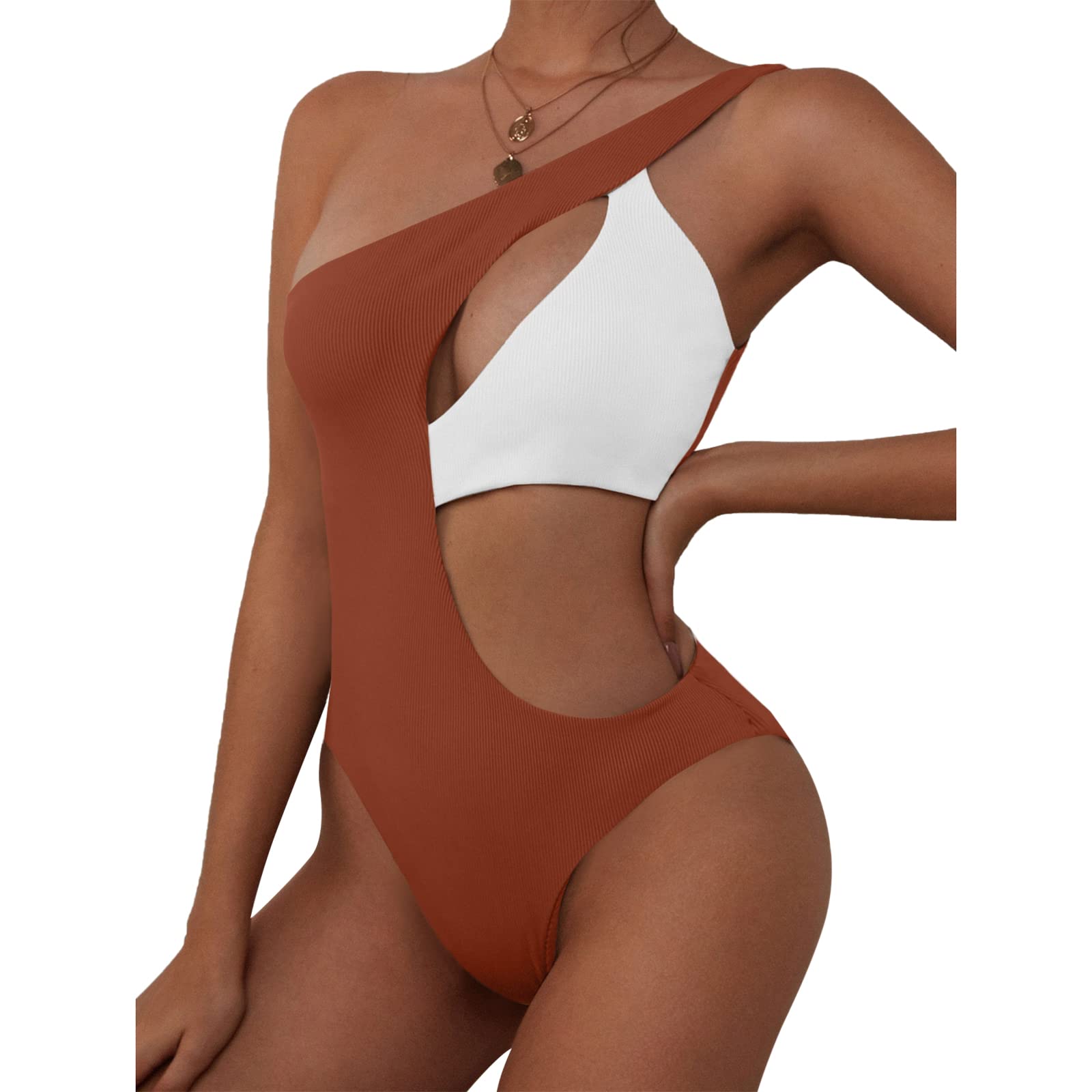 ZAFUL Women's Sexy One Shoulder Ribbed Bikini - Colorblock Cutout Monokini Swimsuit for Beach, Pool Party & Summer Vacation