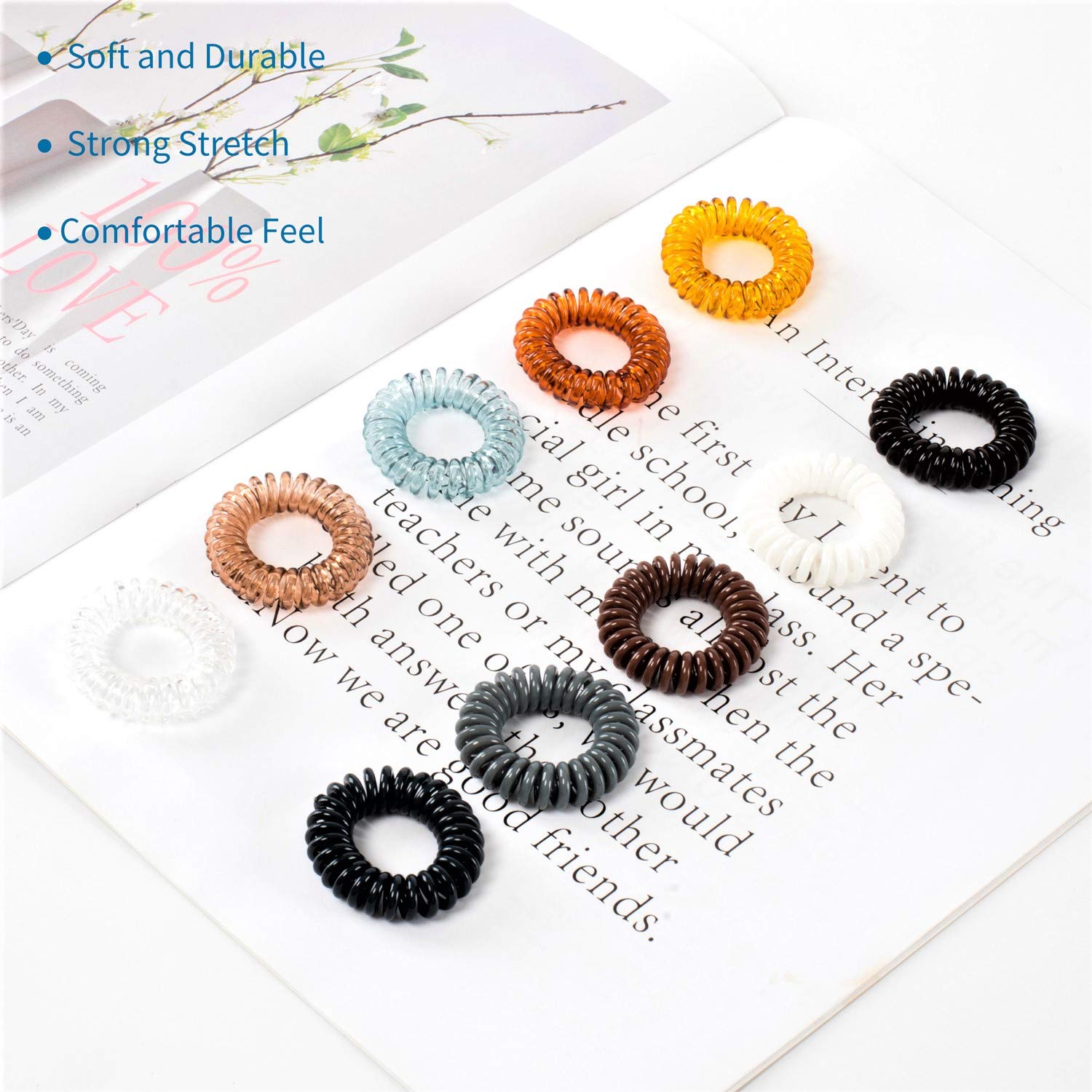 79STYLE 50pcs Spiral Hair Ties for Women - No Damage Coil Hair Bands, Scrunchies & Ponytail Holders - Soft Plastic Phone Cord Hair Coils for Thin Hair (Brown/Clear) - Perfect for Workouts, Yoga & Everyday Styling