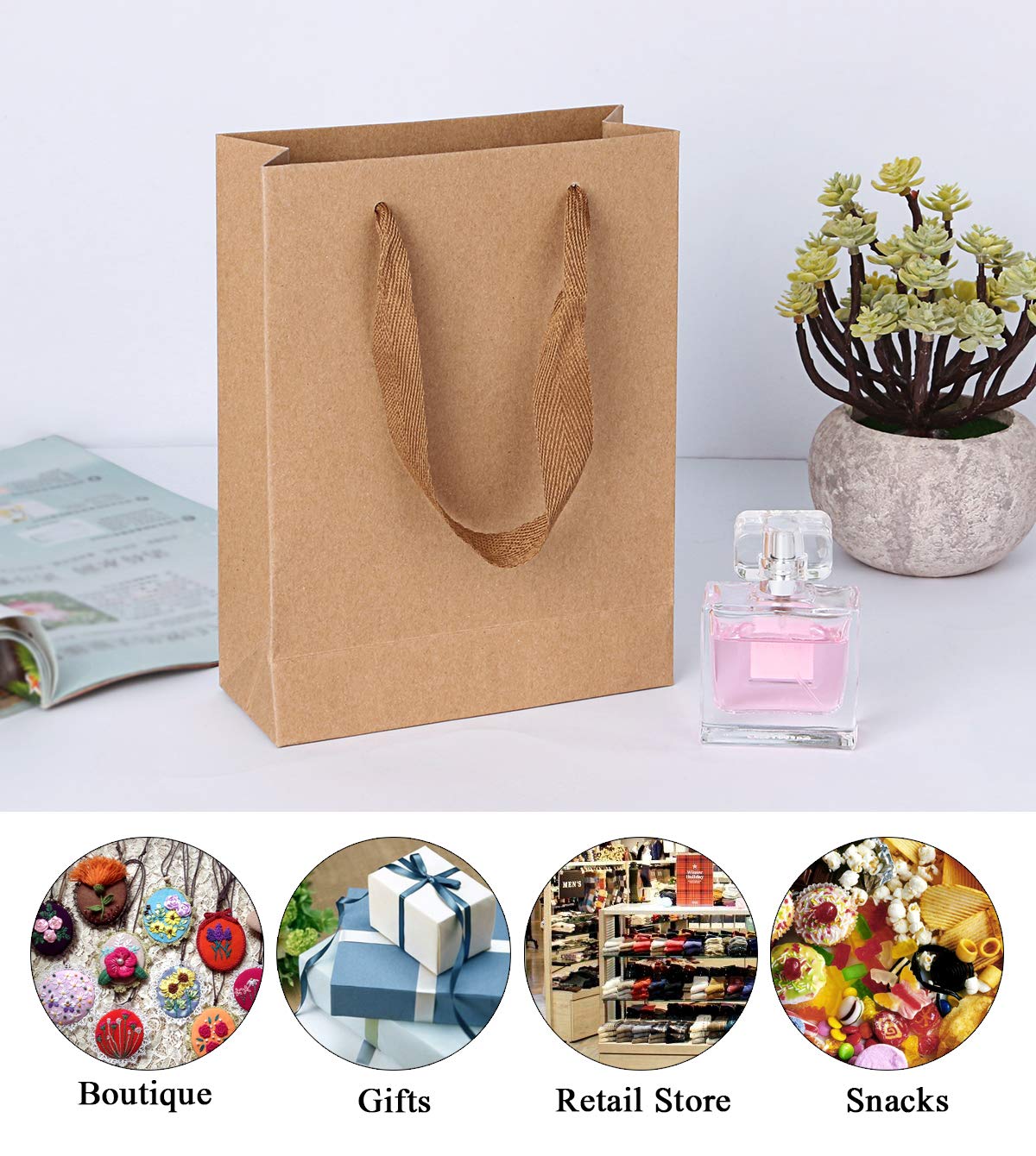 50-Pack Brown Kraft Paper Gift Bags with Handles - 5.9