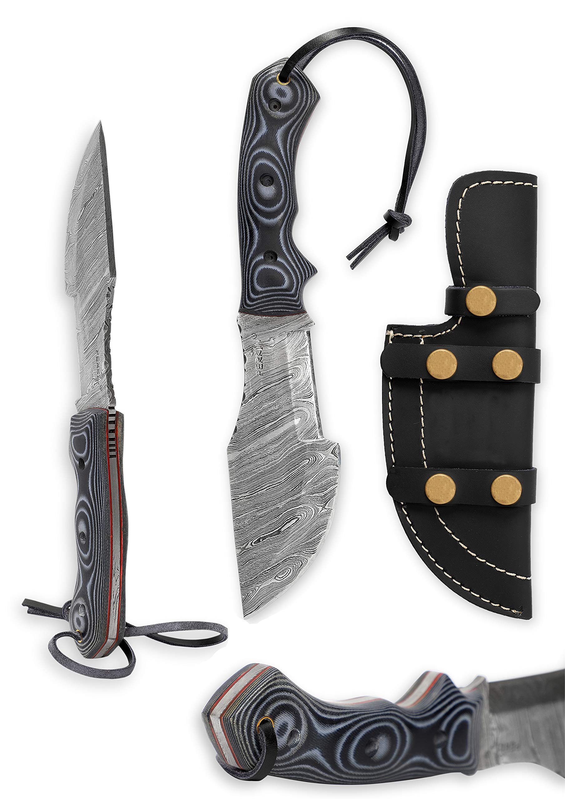 Perkin Knives - Damascus Steel Hunting Knife with Leather Sheath | Outdoor Survival, Camping & Bushcraft | Sharp Fixed Blade for Hunting, Fishing & Wilderness Adventures